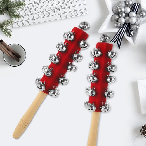 LOLYSIC 6 Pack Christmas Hand Jingle Bells Wooden Handle Sleigh Bells Christmas Stick Jingle Bells Shaker Rattle Musical Percussion Handheld Bells Holiday Xmas Gifts