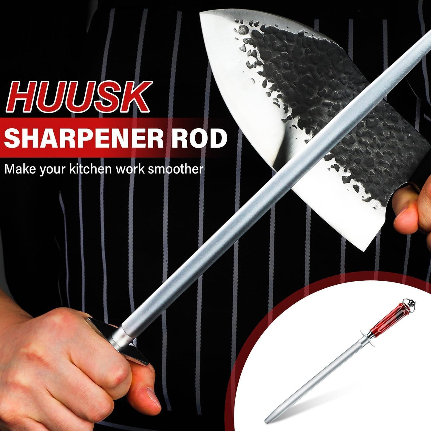 Huusk 10" Knife Sharpener Rod - High Carbon Steel Knife Steel Sharpener, Kitchen Knife Sharpeners with Magnetized Tips, 3200 Grit Sharpening Steel (Flat) Christmas Gift for Men and Women