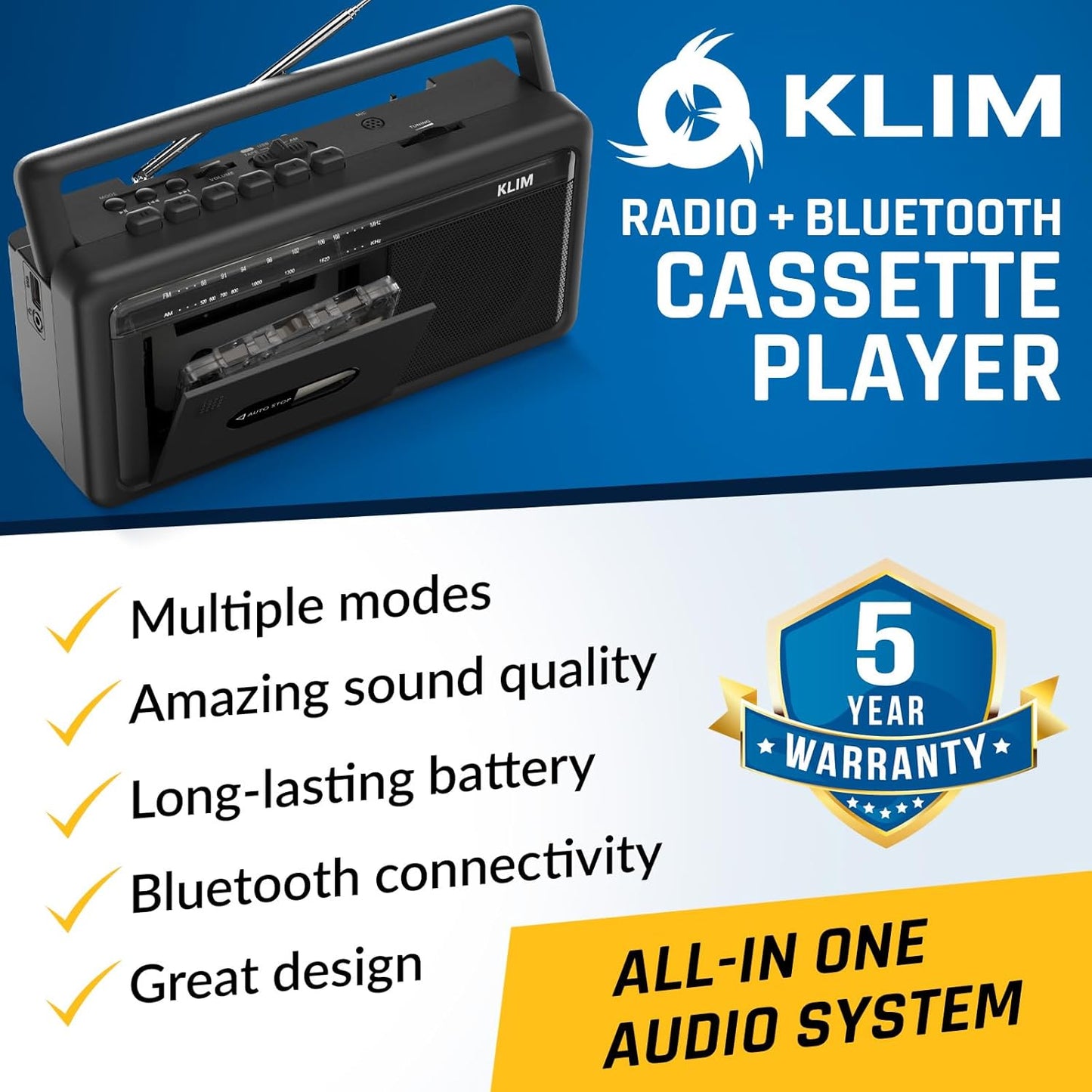 KLIM Cassette Portable Player & Tape Recorder Boombox with AM/FM Radio, USB, Bluetooth, Speaker, and Earphone Jack