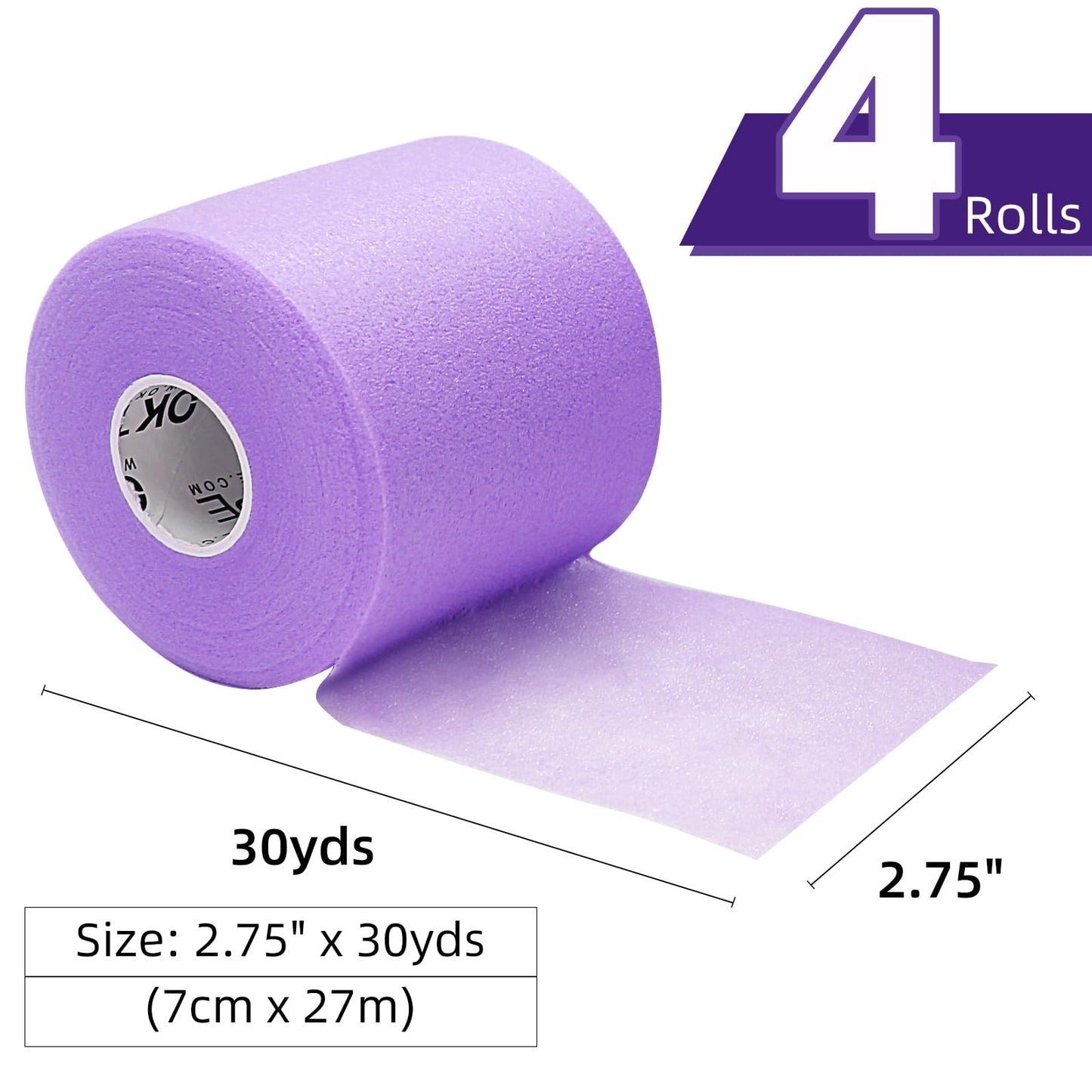 OK TAPE Pre Wrap Tape (4-Rolls, 120 Yards) - Athletic Foam Underwrap for Sports, Protect for Ankles Wrists Hands and Knees, 2.75 Inches - Purple