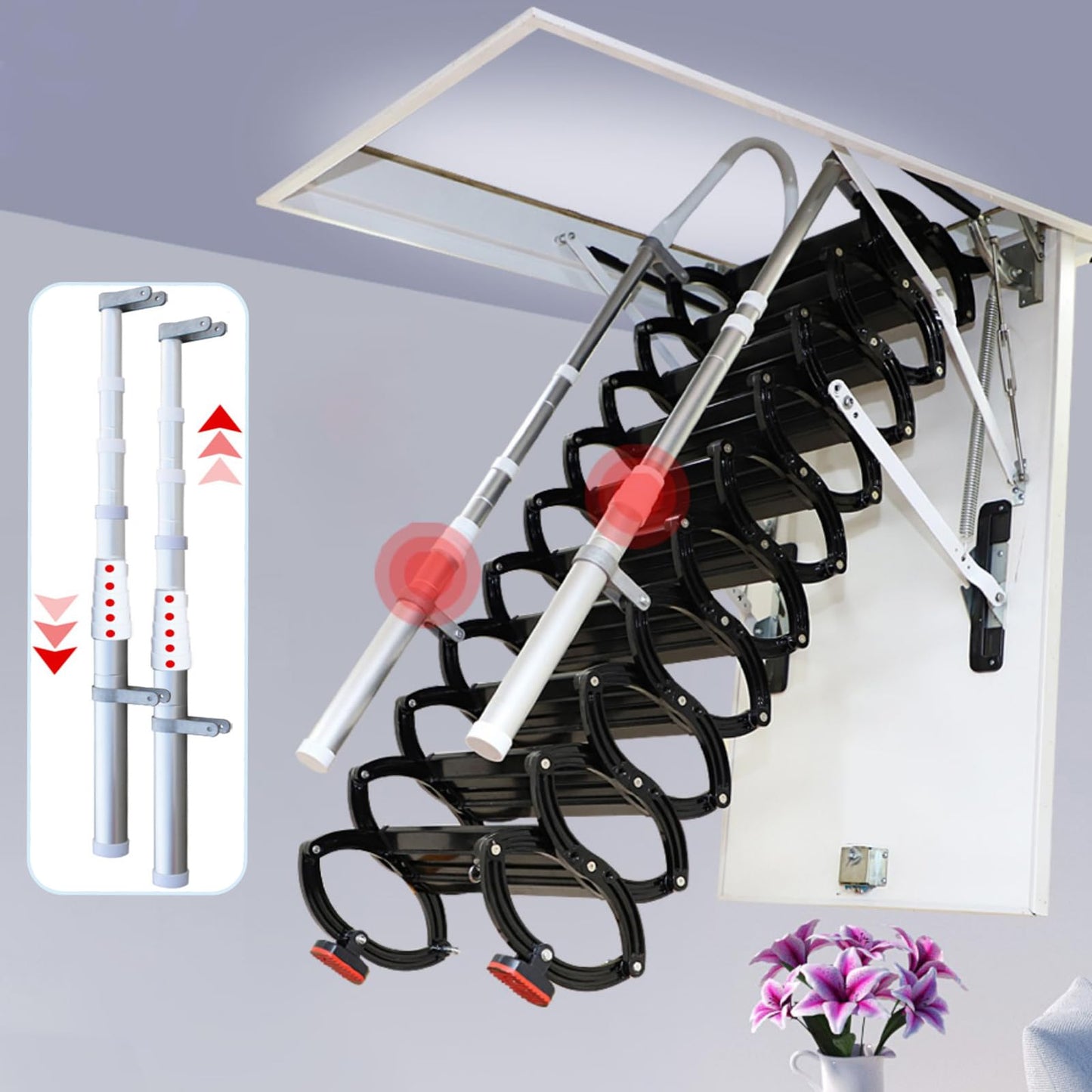 12 Steps Ceiling Mounted Attic Ladder, Retractable Pull Down System Attic Stairs, Telescopic Loft Stairs with Pull Rod, Ceiling Folding Loft Ladder with Handrail for Basement (Black, Steps 12)
