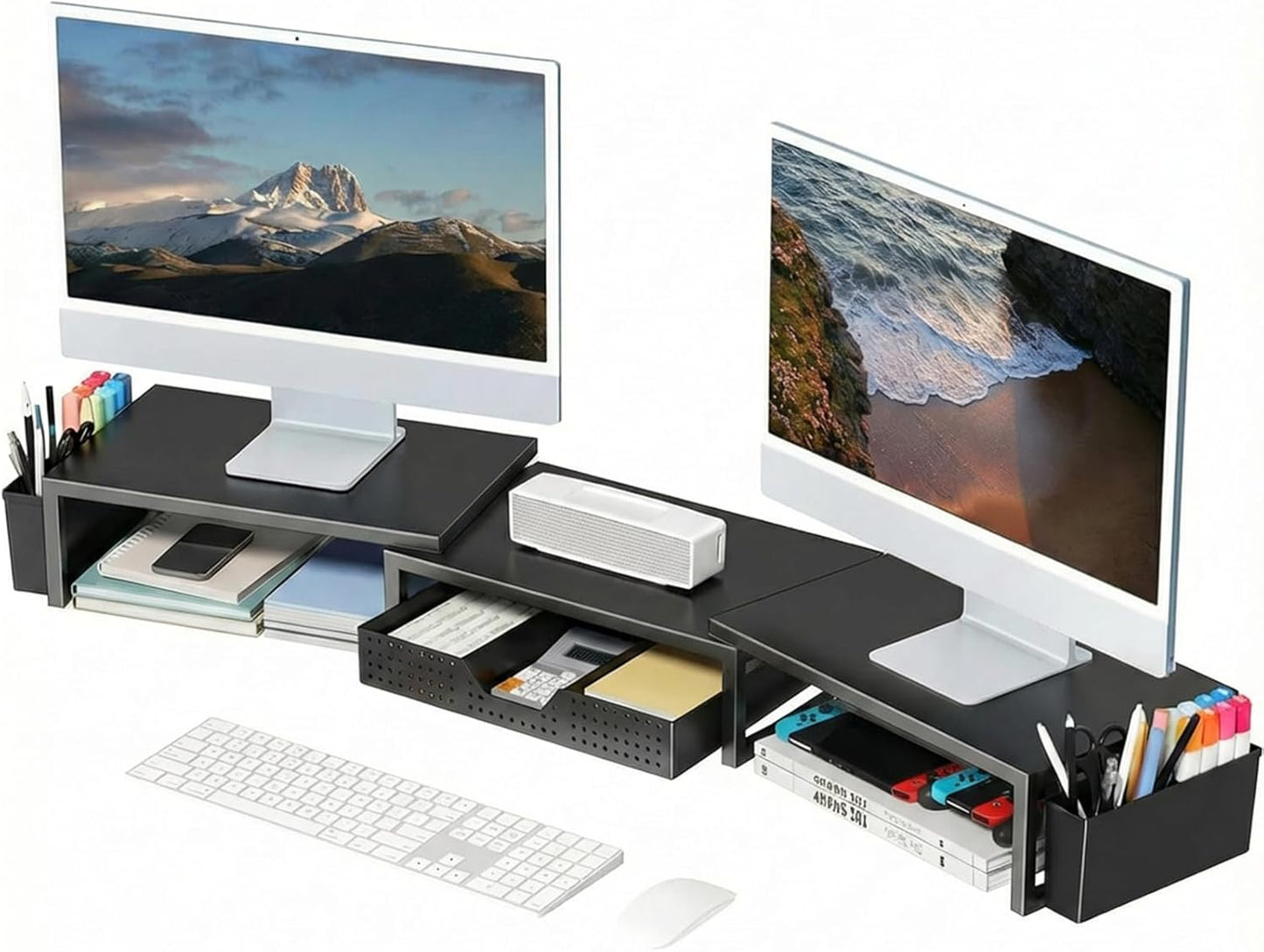 2 OPNICE Desk Organizers and Accessories, Dual Monitor Stand Riser with Drawer and Pen Holders, Desk Shelf Metal