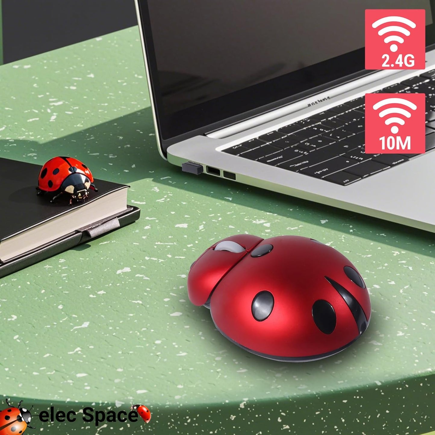 elec Space Wireless Mouse for Laptop & Kids, Cute Ladybug Shape Ergonomic Mouse with Case, Cordless for Laptop, PC, Mac