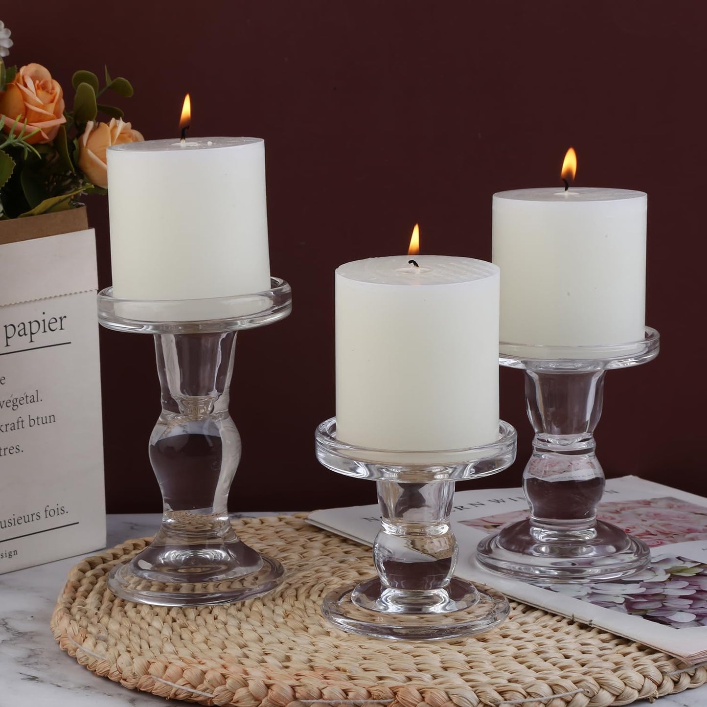Skiennix 6-Piece Glass Candlestick Set - Elegant Crystal Holders for Weddings & Christmas | Clear