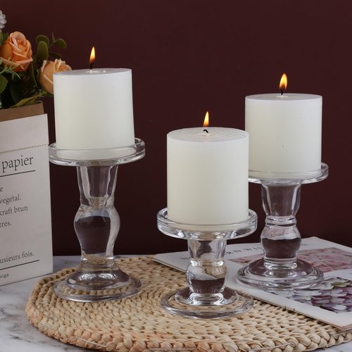 Crystal Candlestick Holders Set by [Brand Name] - Elegant 3-Piece Glass Candle Holders for Weddings & Home Decor | Clear