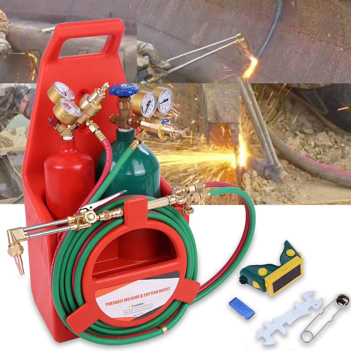 Oxyacetylene Torch Kit - Portable Welding Cutting Torch Kit with Gauges & Long Brass Nozzle, Oxy Acetylene Tanks, Regulators & Hoses, Oxy Acetylene Torch Set with Cutting Torches (US Fast Arrival)