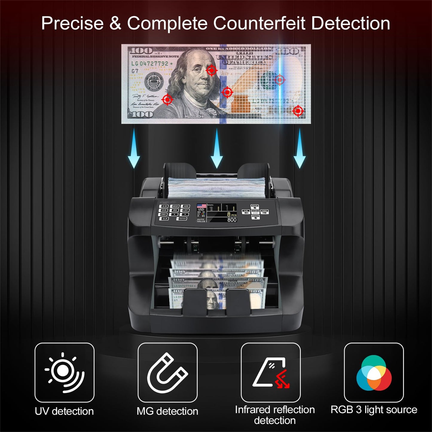 Cashtek N10 Money Counter Machine Mixed Denomination, Bill Value Counting for US Dollar with UV/MG/IR Counterfeit Detection, Small Business Commercial use