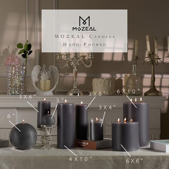 MOZEAL 3" x 4" Hand-Poured Unscented Candle,Dripless Pillar Candle Set of 3,Long Clean Burning,Approx 72 Hours Burn Time,Rustic Country Style,Wedding,Dinner,Christmas and Home Decor,Dark Gray