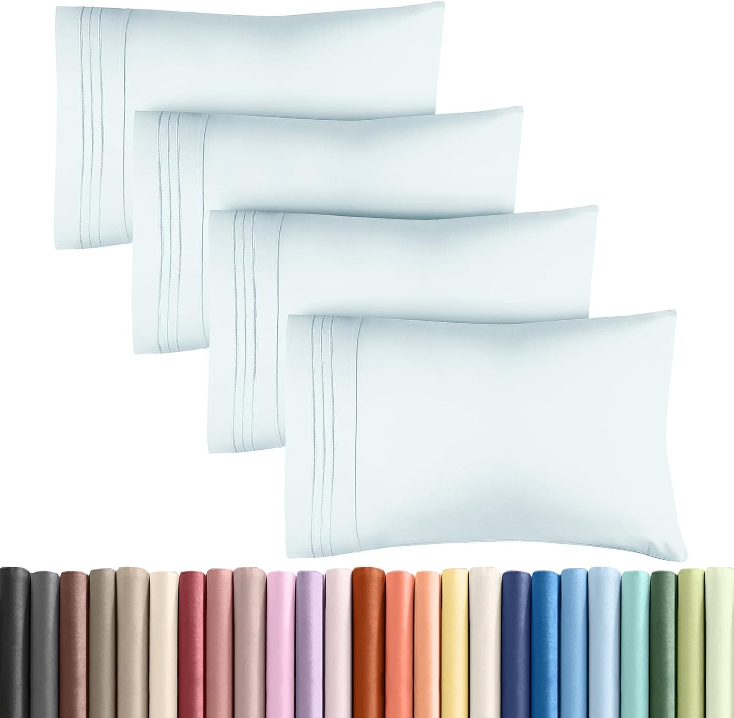 Queen Pillow Cases Set of 4 - Ultra Soft Hotel Quality Covers | Wrinkle-Free, Stain & Fade Resistant - Ice Blue
