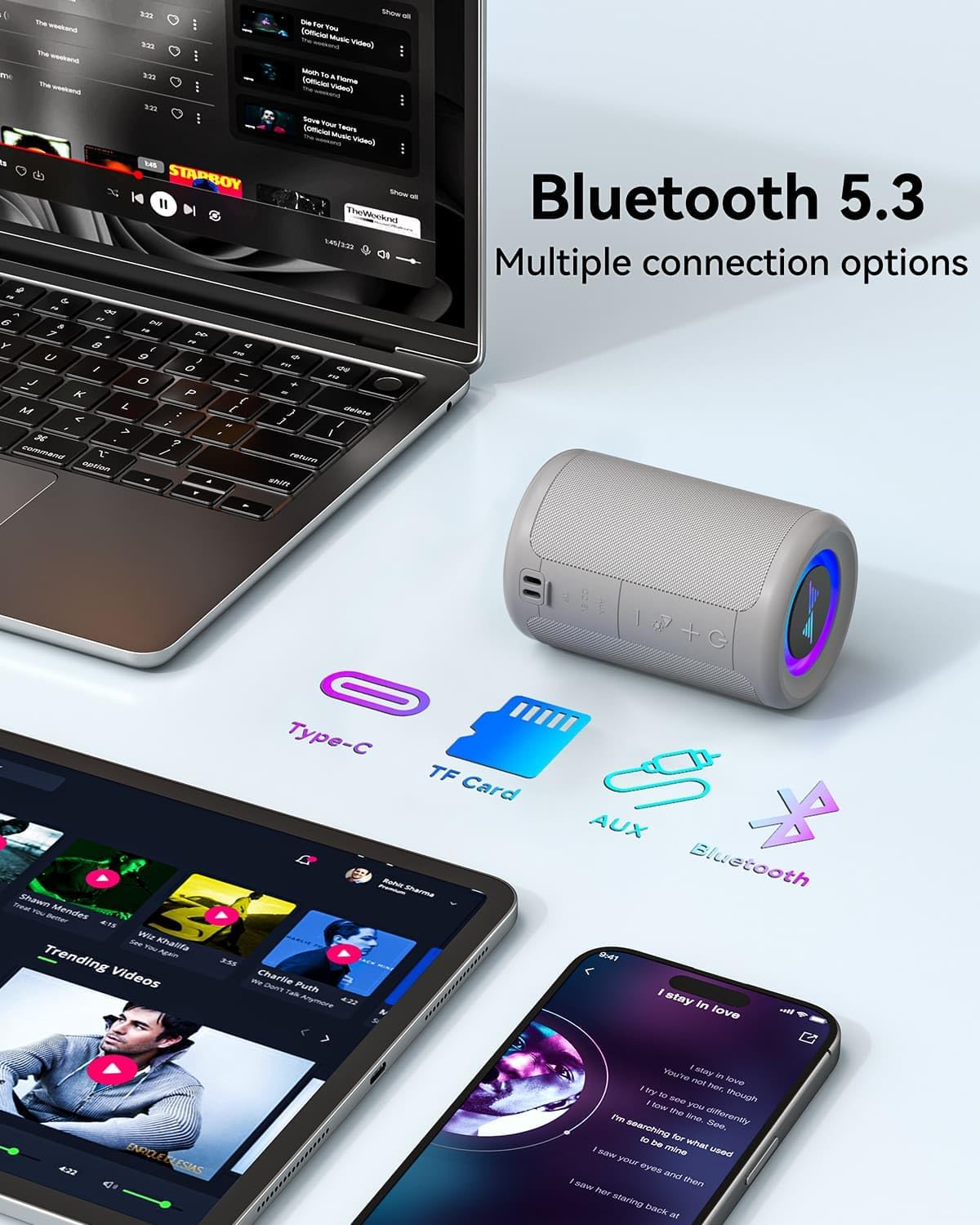 LENRUE 5.3, Small Portable Bluetooth Speaker with Lights, TWS Stereo Surround Sound, Type C Powered, Bluetooth AUX TF