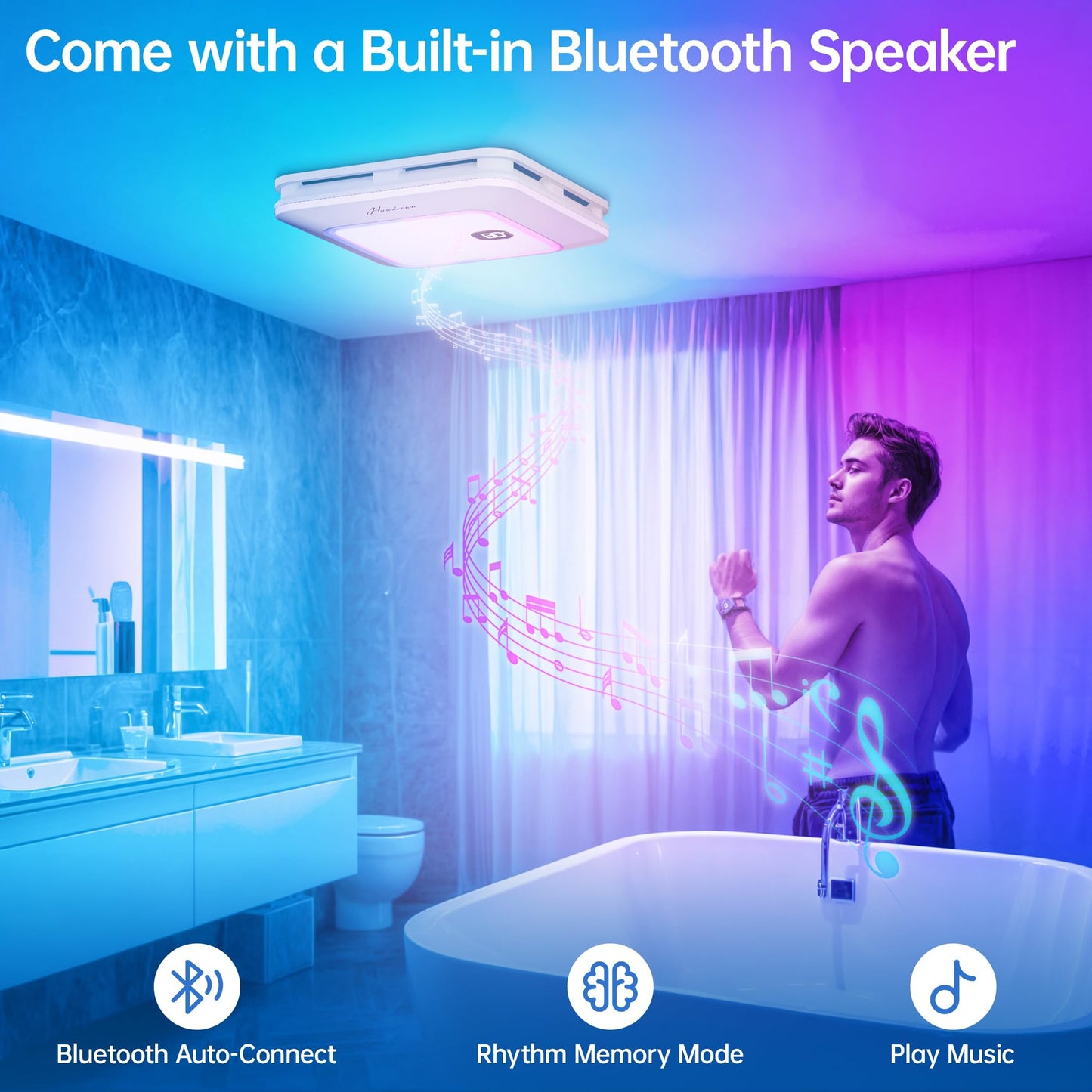 Hawkrown Bathroom Exhaust Fan with Bluetooth Speaker, 230 CFM 1.0 Sone Bathroom Exhaust Fan with Light, 3 Dynamic Light, 7 LED Color, 3 Color Temperatures, Nightlight,Remote, Easy Install (White)