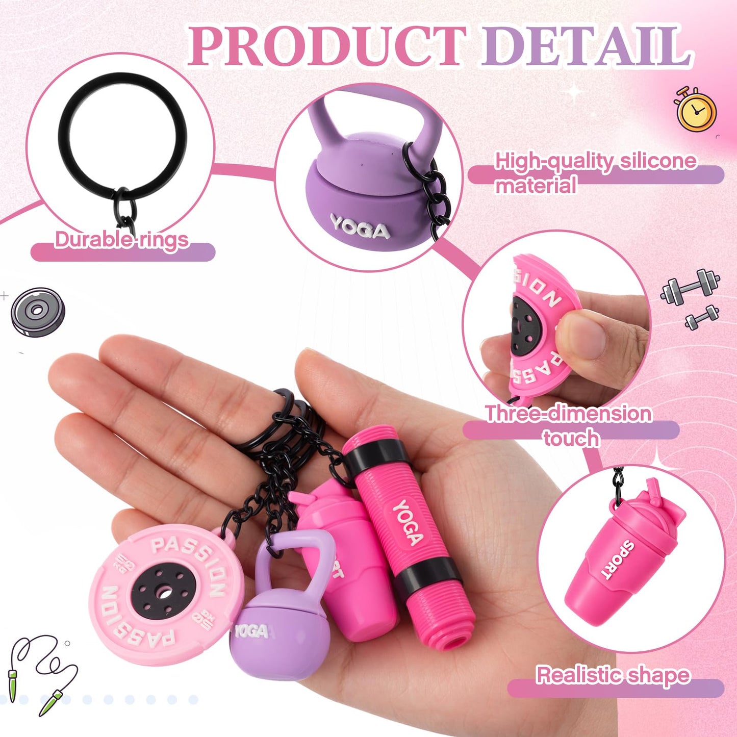 Tondiamo 20 Pcs Gym Keychain Bulk Weight Fitness Gifts Barbell Dumbbell Kettlebell Bottle Keychain for Women Men Gym Lover(Pink & Purple,Dreamy Macaron)