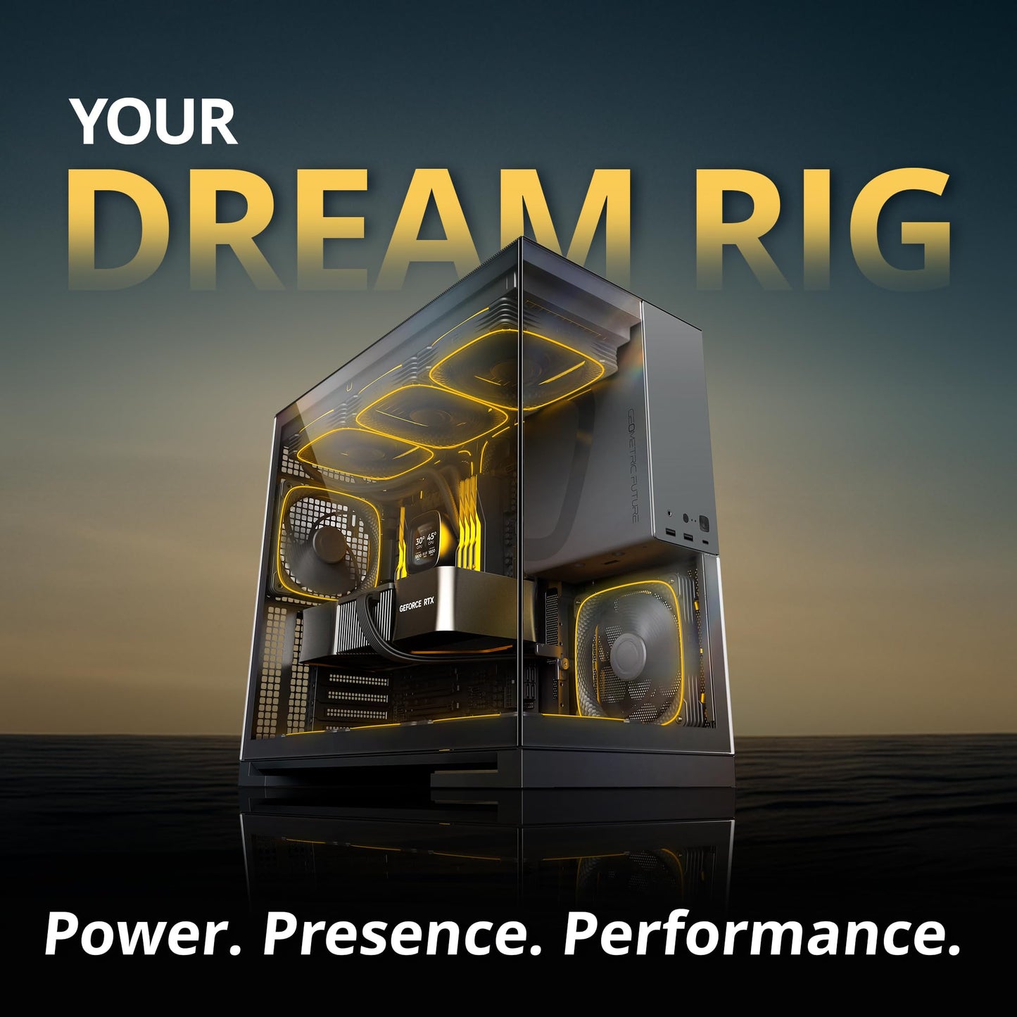 Geometric Future M5 Tempered Glass Mid Tower, E-ATX/ATX Gaming Case, 1.2mm Steel, Type C, Toolless Panels, Support 420/360 Radiator, ARGB PWM 140m Fan x 5 Pre-Installed, Black/Grey, GEO-M5F-BG