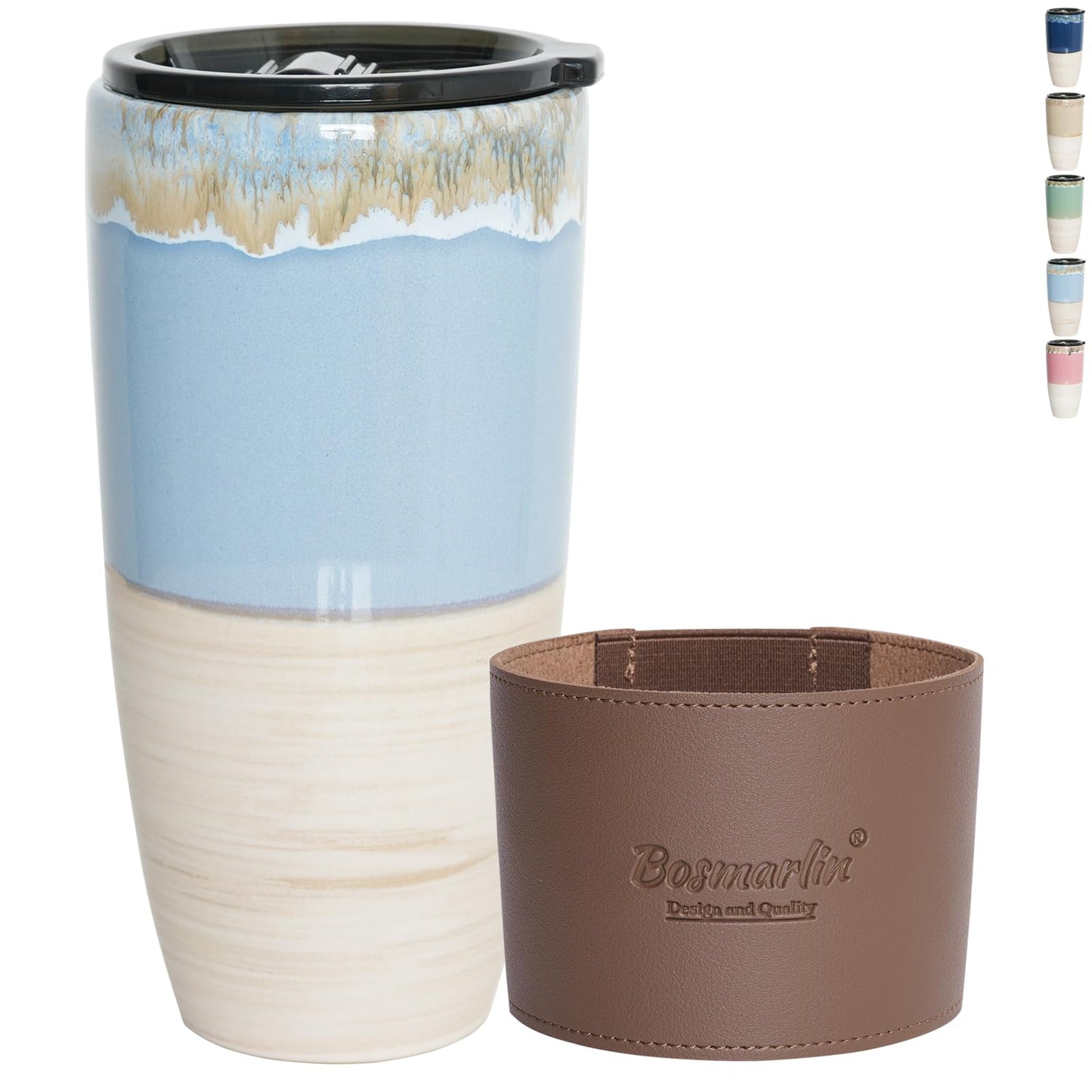 Bosmarlin Ceramic Travel Coffee Cup with Lid, 21 oz, Portable Coffee Mug for Car Cup Holder, Microwave and Dishwasher Safe, Reactive Glaze (Light Blue)
