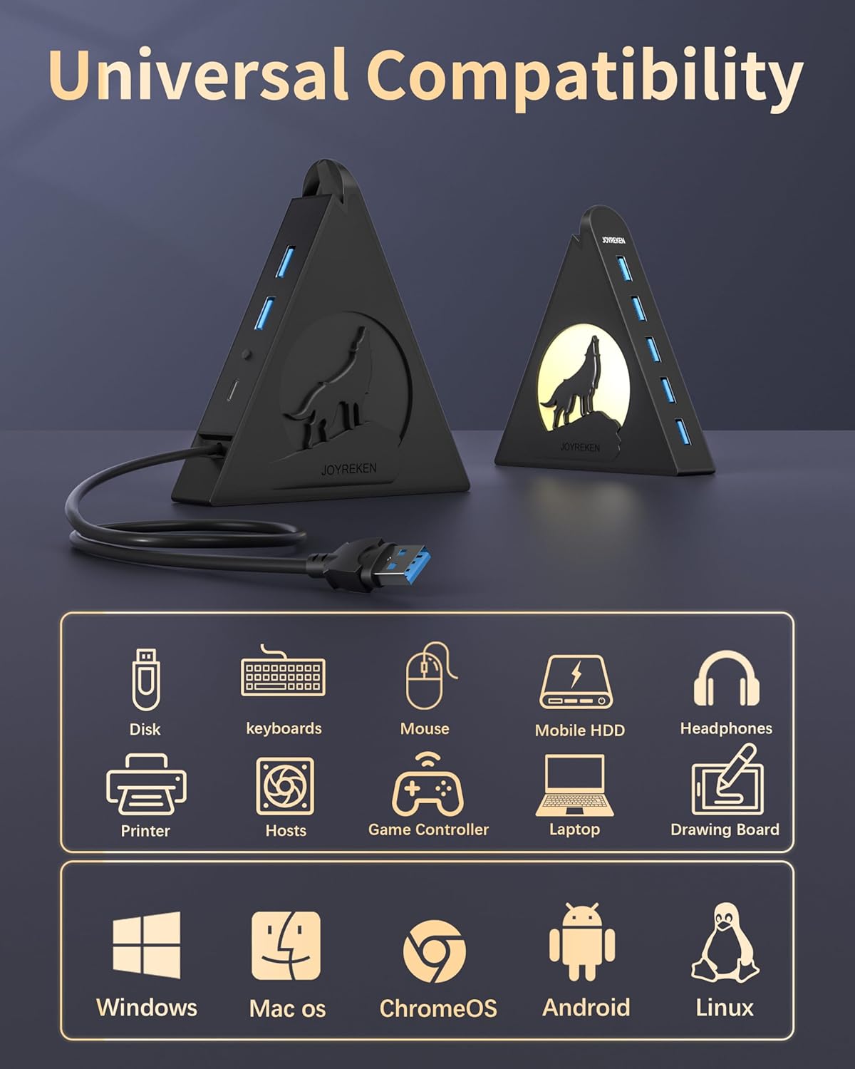 JoyReken 7-Port 3.0 Lighting,5Gbps 2FT PS5, USB Hub, Vertical USB Hub Splitter with RGB High-Speed Data Transfer