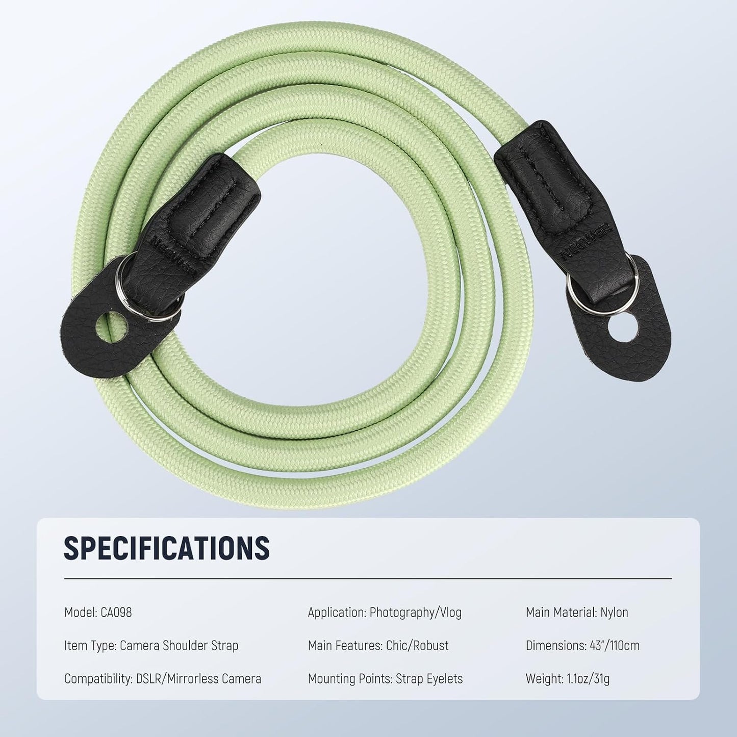 43"/110cm, CA098 NEEWER Camera Shoulder Strap, Durable Round Woven Nylon Climbing Rope Neck Strap with Keyrings