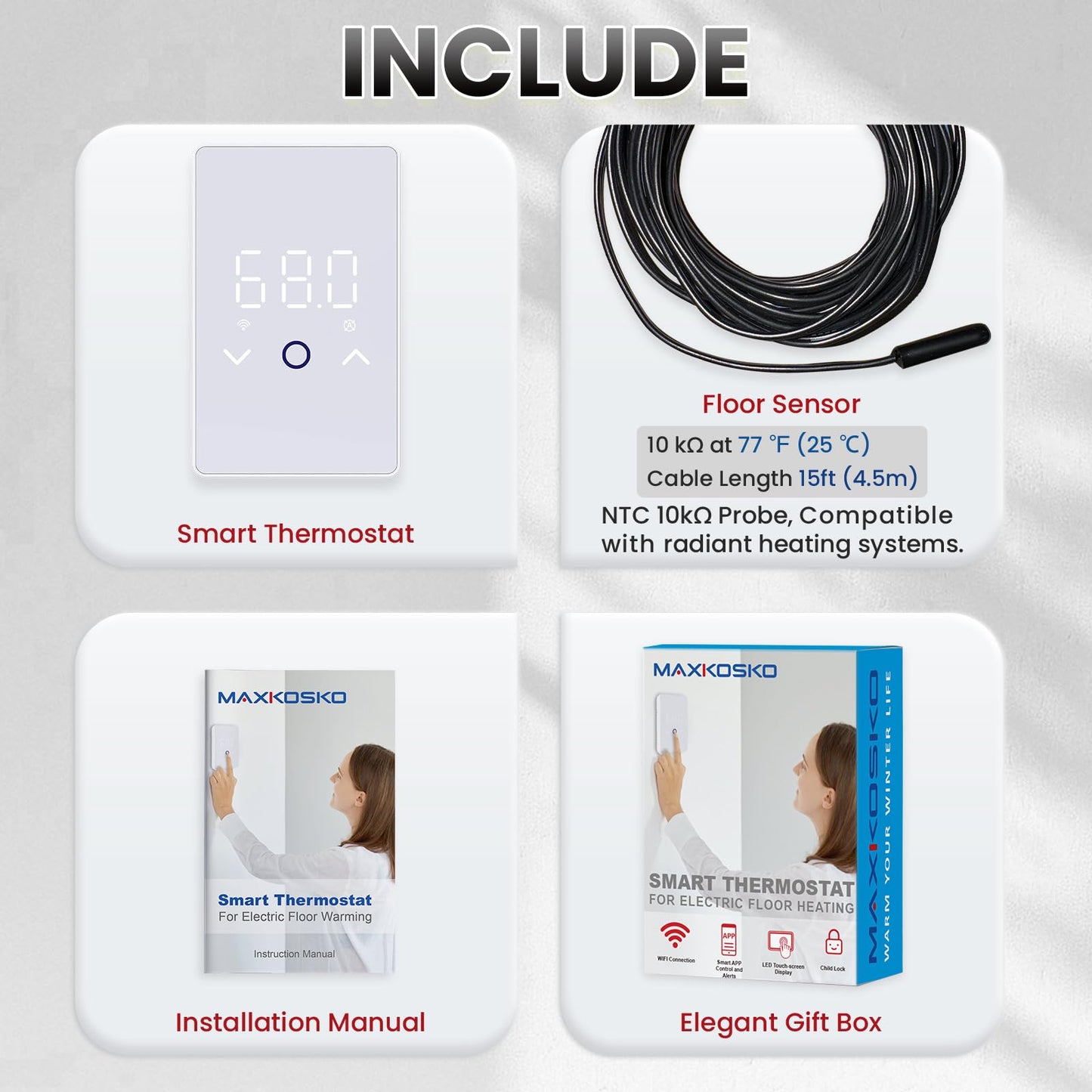MAXKOSKO 2Pcs WiFi Smart Thermostat for Electric Floor Warming System with Touchscreen LED Display 120V/240V, Easy Connection & Energy Saving Home Programmable Thermostat White