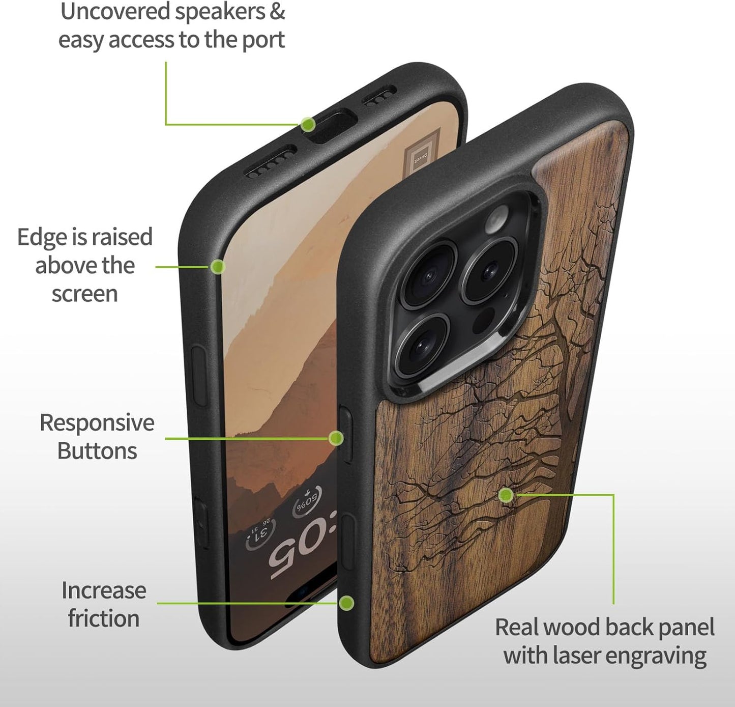 Carveit 16 Magnetic Wooden Case for iPhone Pro Case, Wood Artisan Engraved & Black Soft TPU Shockproof Cover