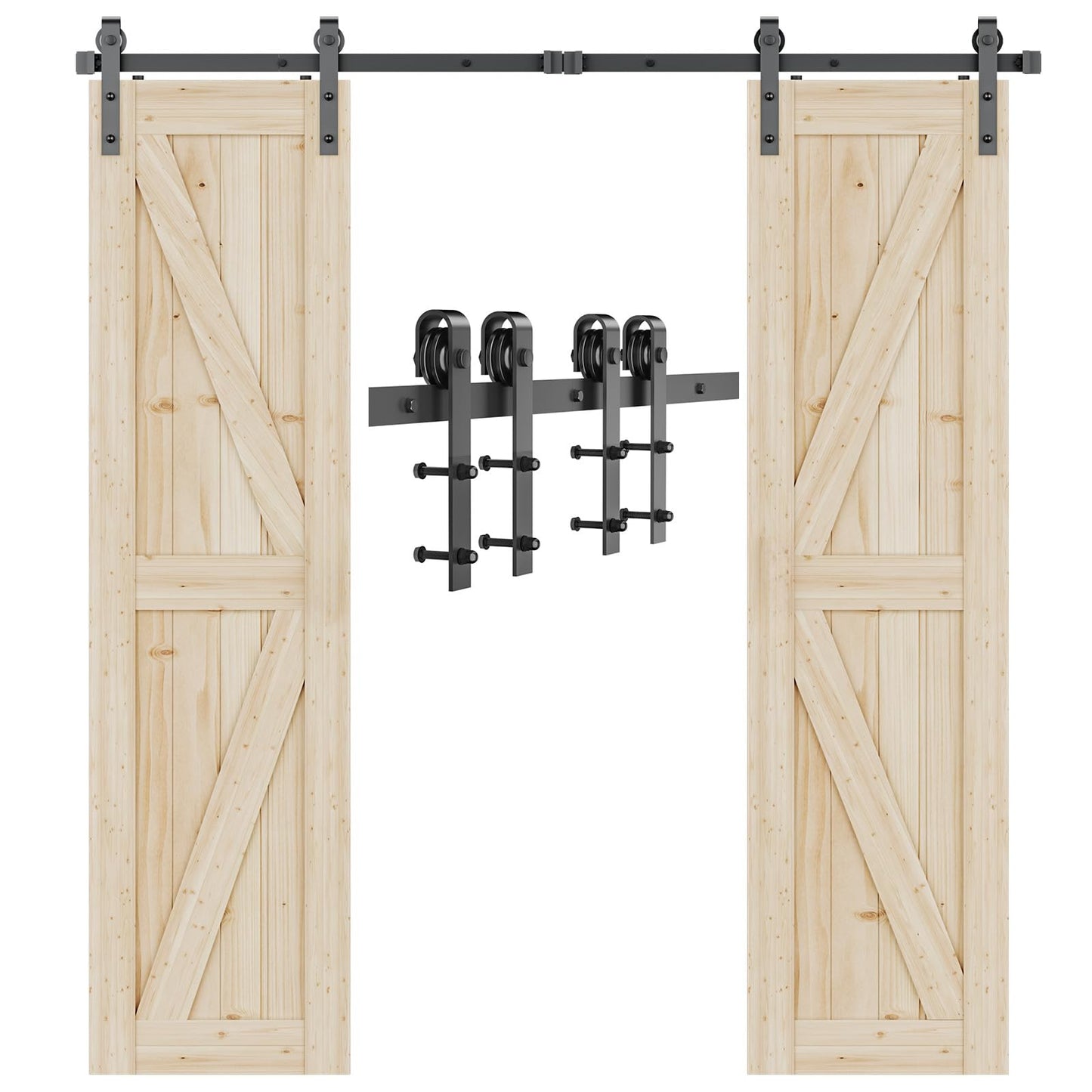 Signstek 12 FT Double Sliding Barn Door Hardware Track Kit, Wood Slab Use, for Garage, Kitchen, Bedroom, Fit 36'' Wide Door Panel-Smoothly and Quitely-Easy to Install (J Shape Hanger)