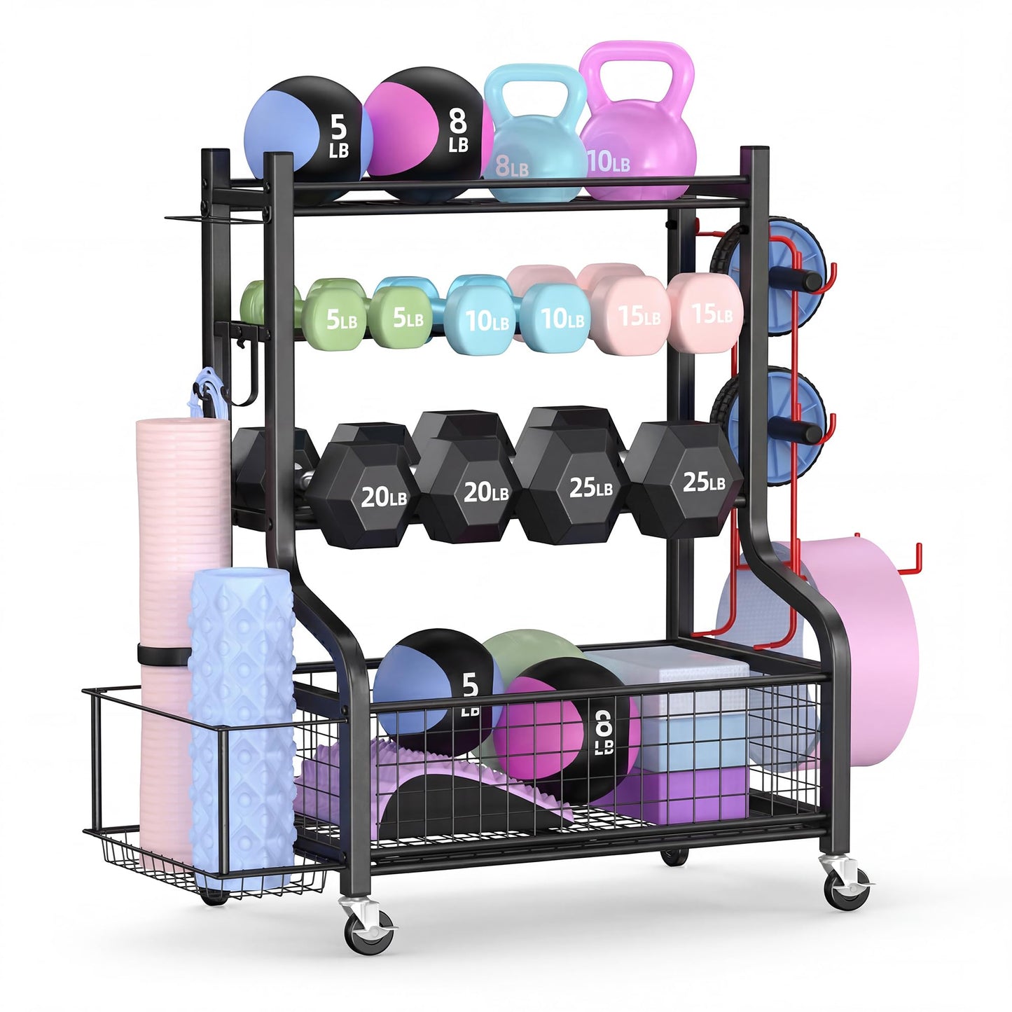PLKOW Dumbbell Weight Rack, Home Gym Storage for Kettlebells Yoga Mat and Balls, All in One Workout Storage with Wheels and Hooks, Powder Coated Finish Steel