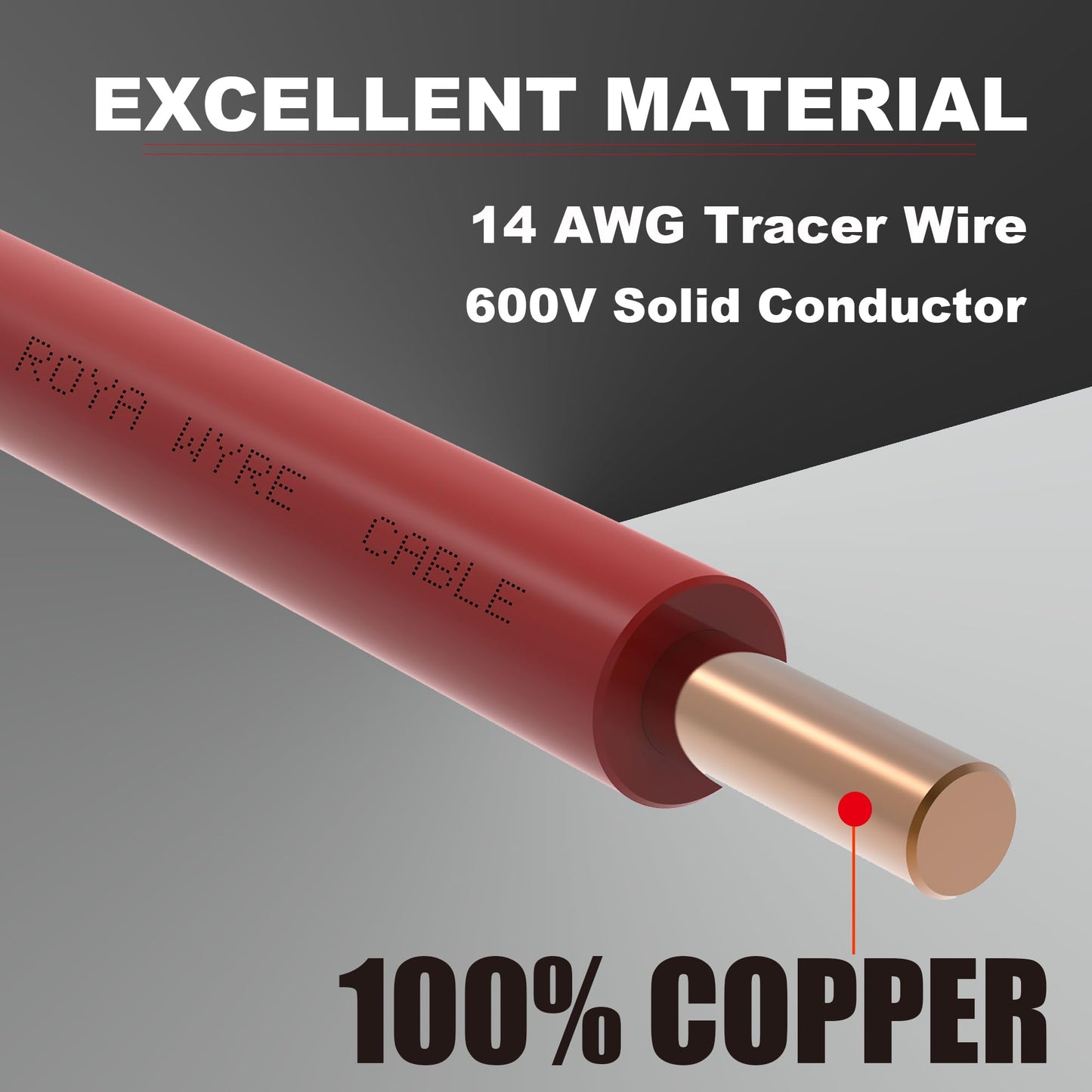 ROYA WYRE 14 AWG 100% Solid Copper Tracer Wire 1000ft, Red - Direct Burial Underground Locating Cable (30/600V) for Electrical Conduit, Gas & Water Lines