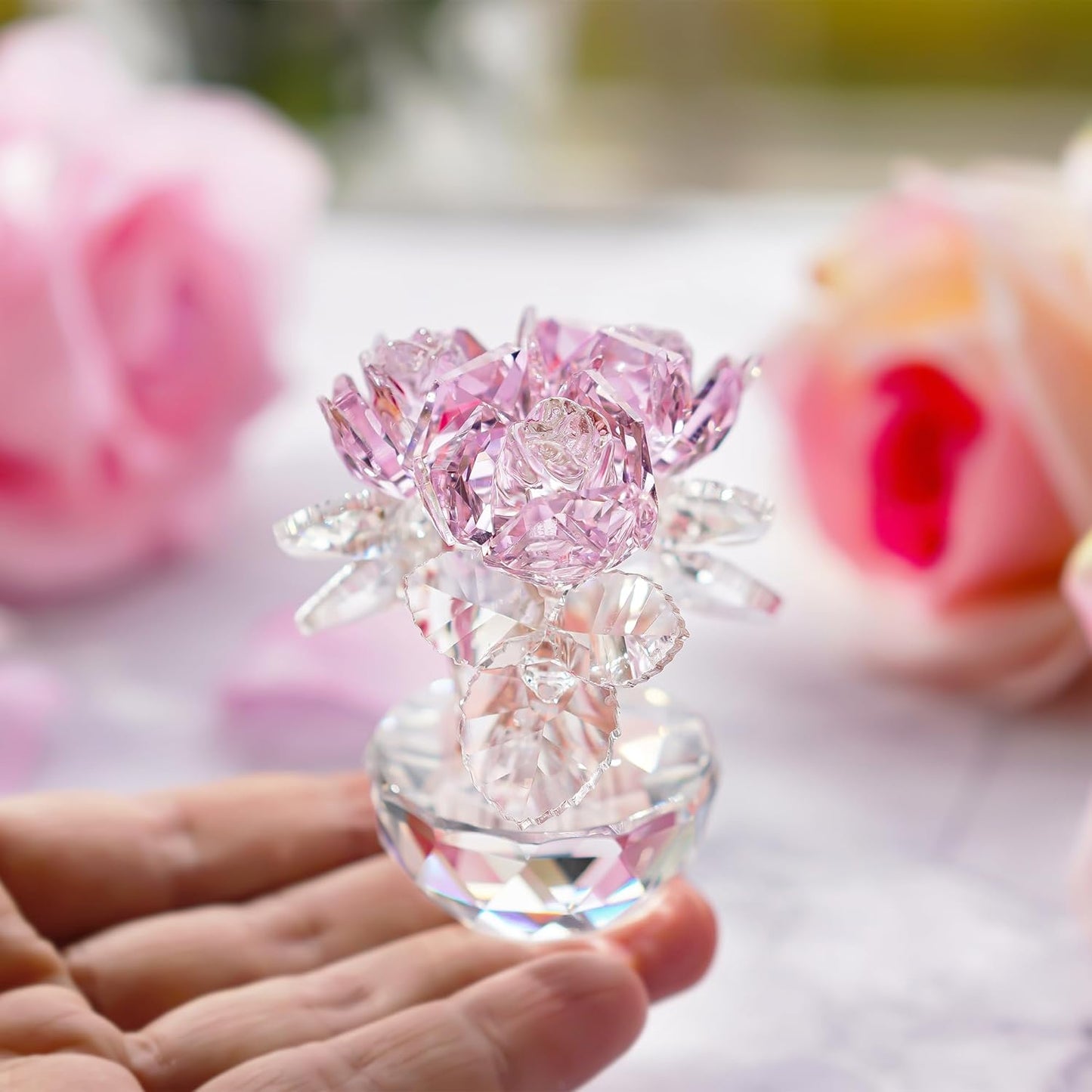 QFkris Pink Crystal Rose Bouquet - Elegant Glass Flower Figurine | 2.8" Home Decor Ornament for Women