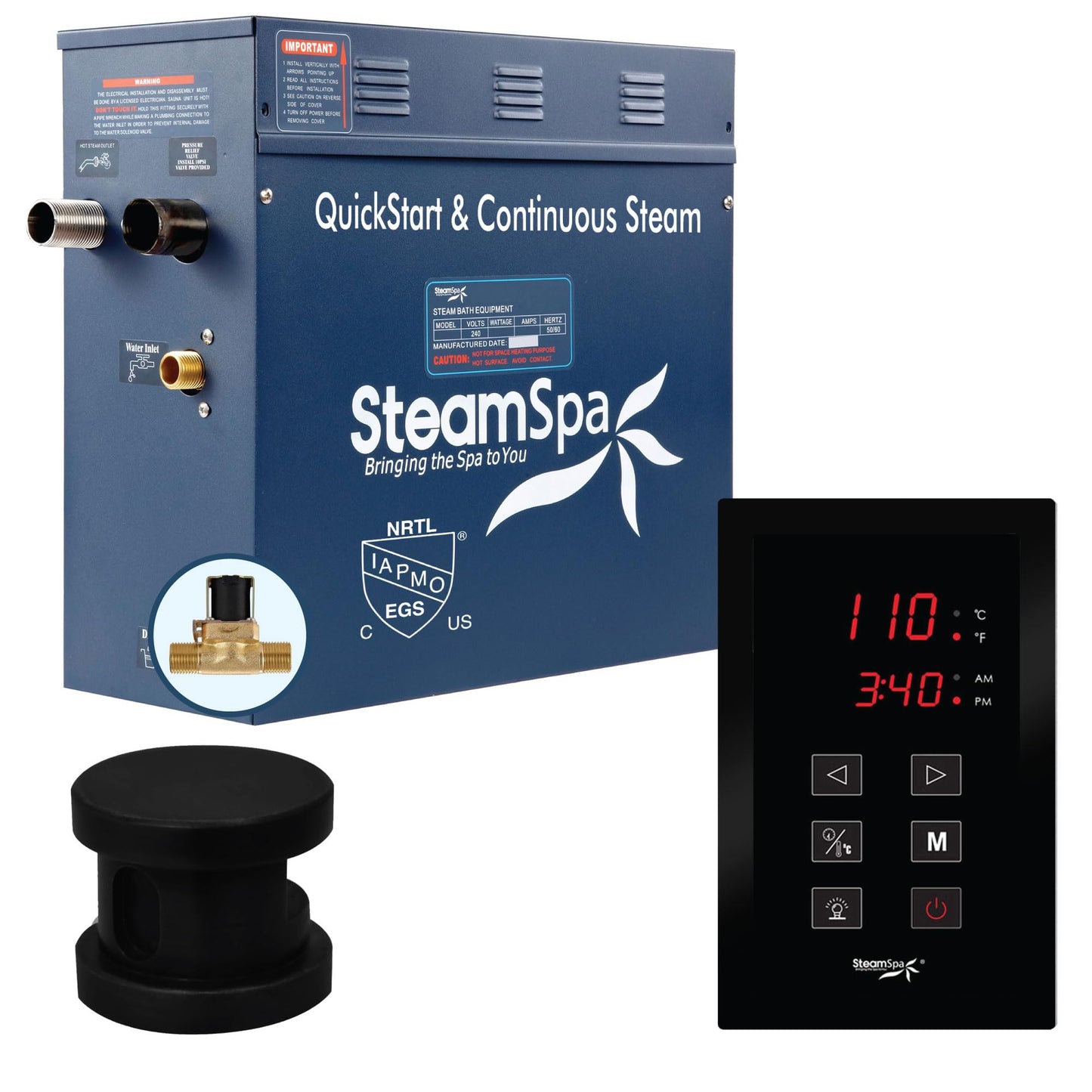 STEAMSPA 7.5kW Steam Sauna Generator Sentry Series 240V Steam Generator with Touch Screen, Steamhead, Built-in Steam Shower Auto Drain, ACU Quickstart Steam Bath Generator (Black)