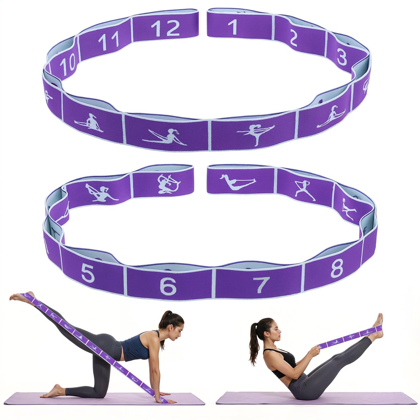2pcs Yoga Straps for Stretching 12 Gears Elastic Bands for Exercise Stretch Band with Loops for Pilates, Yoga, Ballet, Gymnastics for Women Men, Improves Body Flexibility