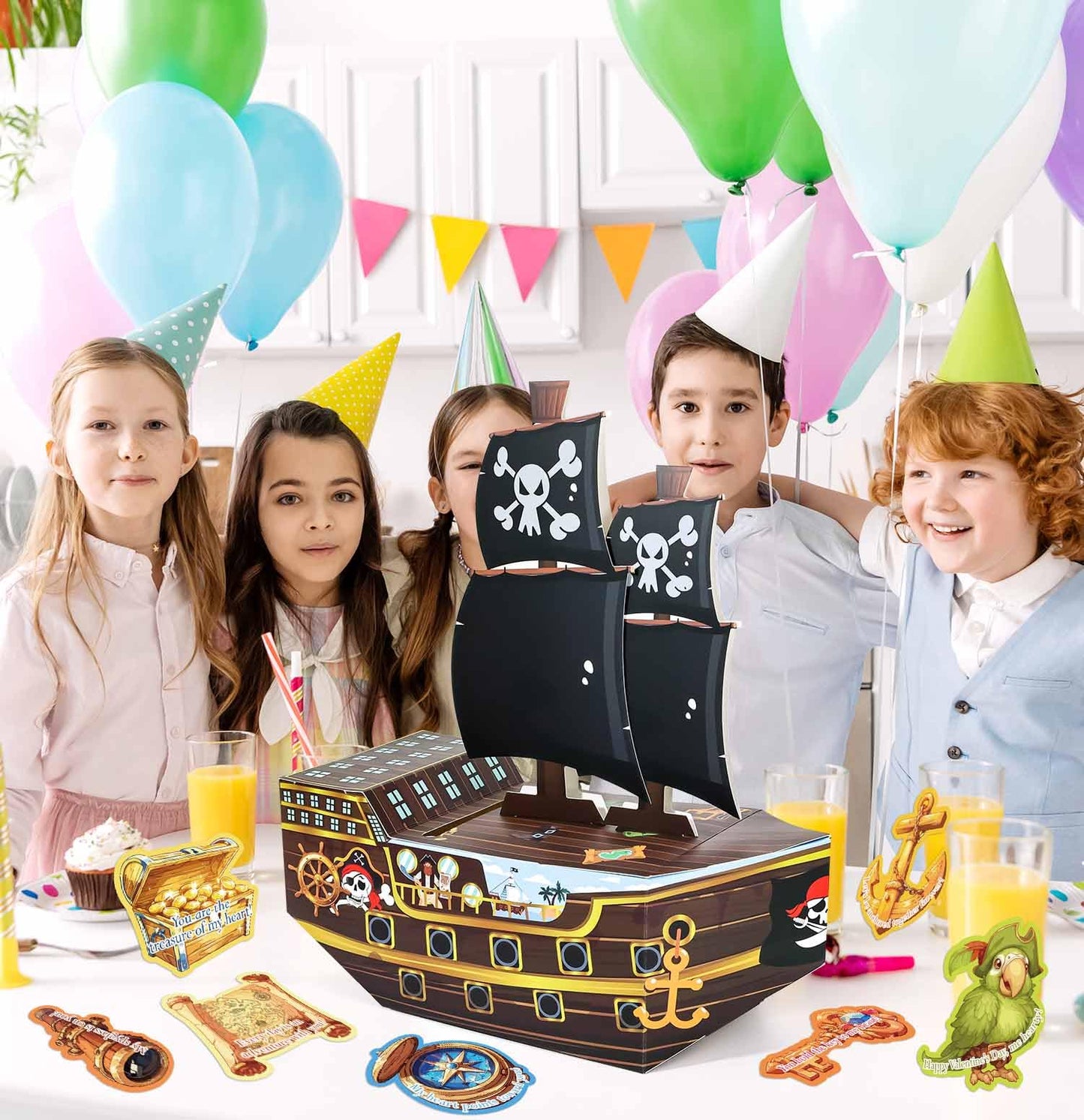 SietDESEO Pirate Ship Valentines Card Box Valentines Day Cards for Kids Boys Girls School Classroom Gift Exchange 3D Pirate Boat Valentine Mailbox with 35 Valentine Cards