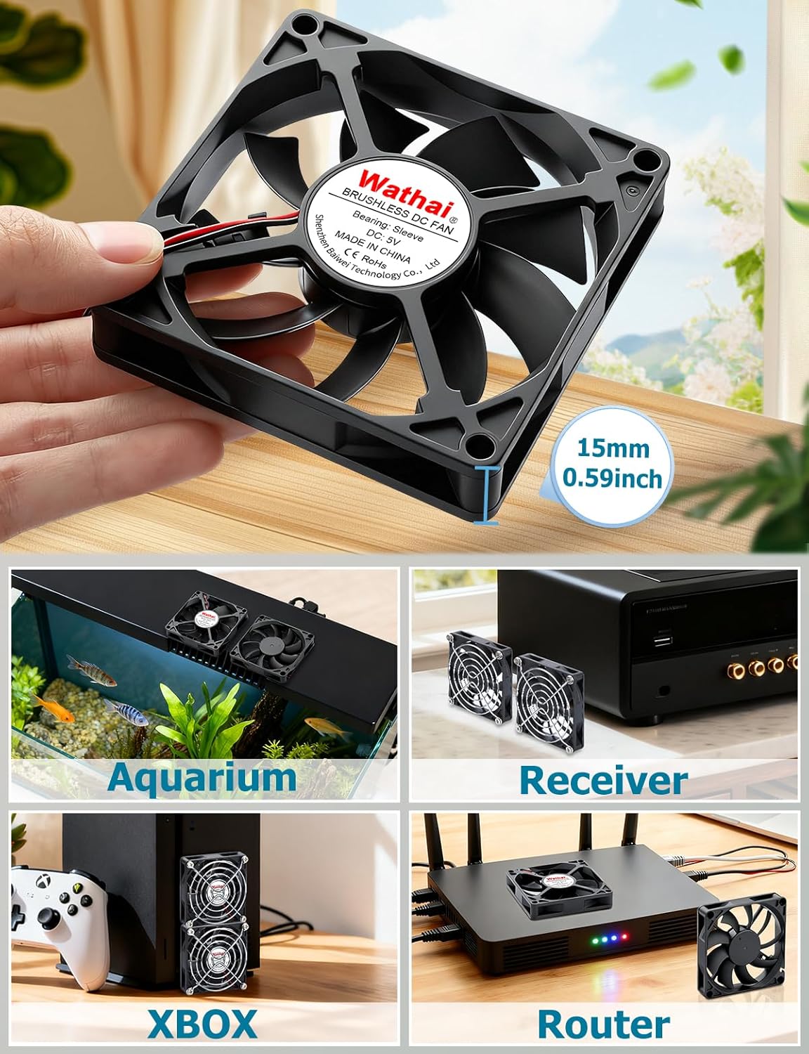 2PCS 80mm 15mm 2 1 PS4 PS5 Wathai x Small USB Fan, USB Cooling Fan in for AV Receiver Flat Panel Xbox DVR Router TV Box