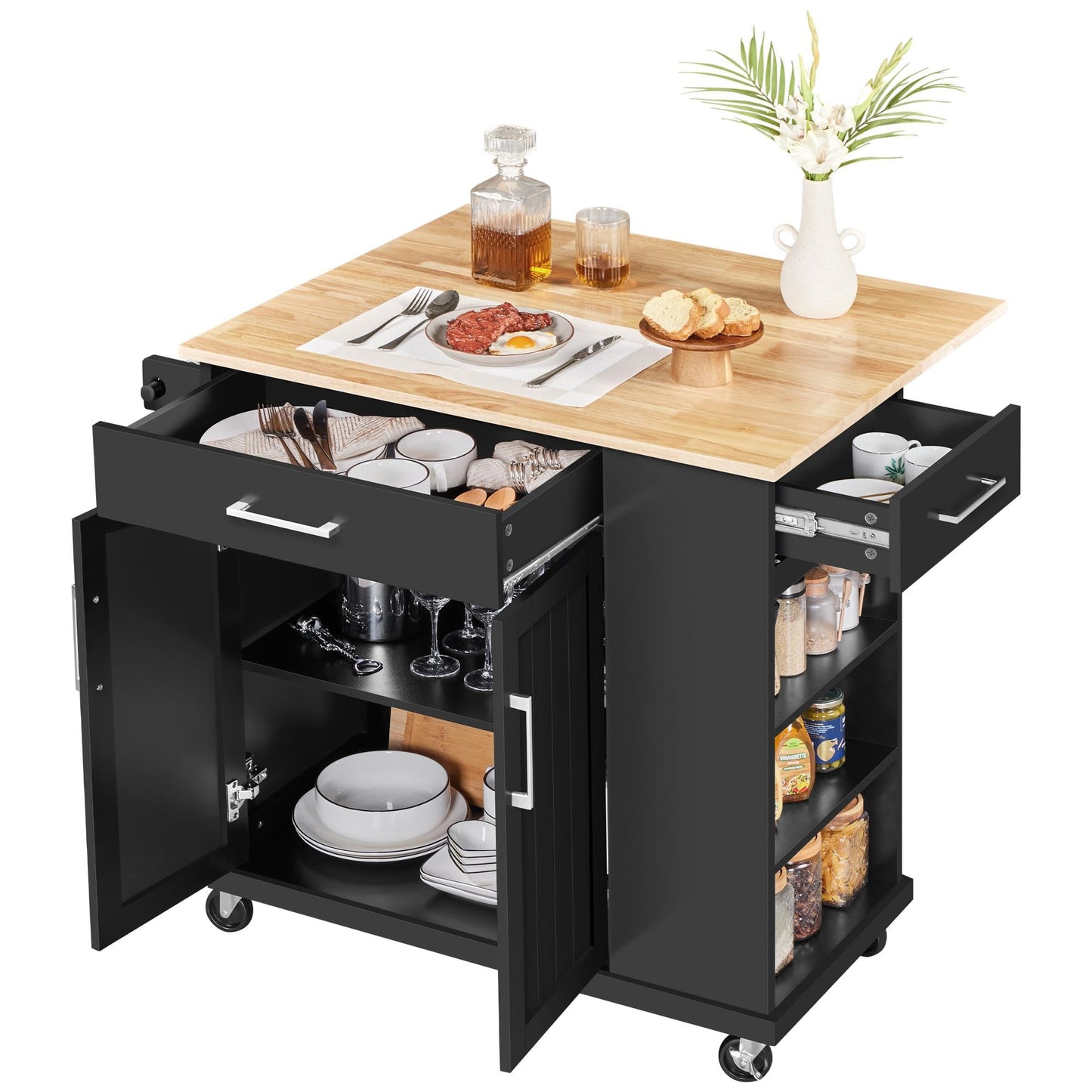 Yaheetech Rolling Kitchen Island Cart with Drop Leaf, Portable Rubberwood Breakfast Bar with Storage Cabinet, Open Shelves & Detachable Towel, 2 Drawers, Black