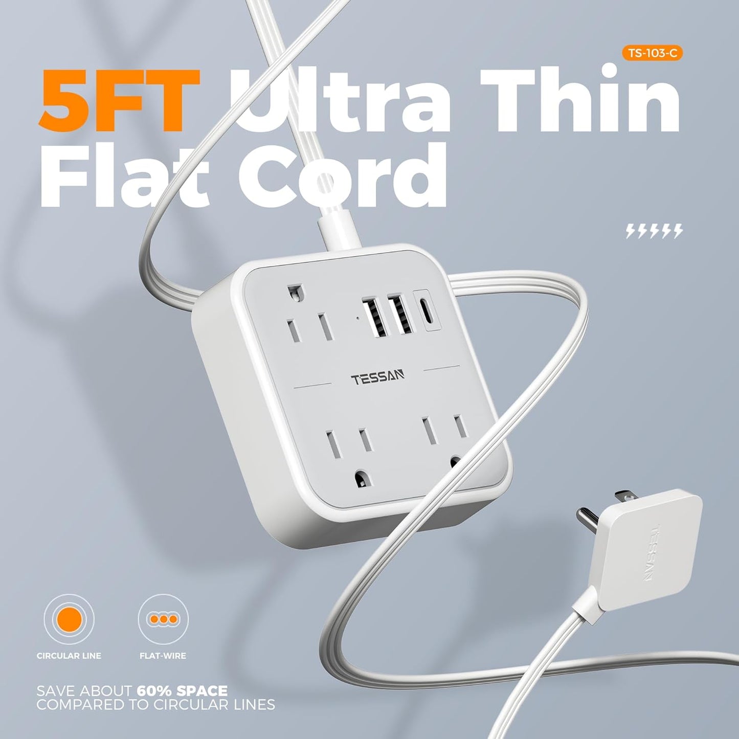TESSAN 5 (1 3 Ultra Thin Flat Extension Cord FT, Slim Power Strip with USB Ports USB C), Surge Protector Flat Plug Wall