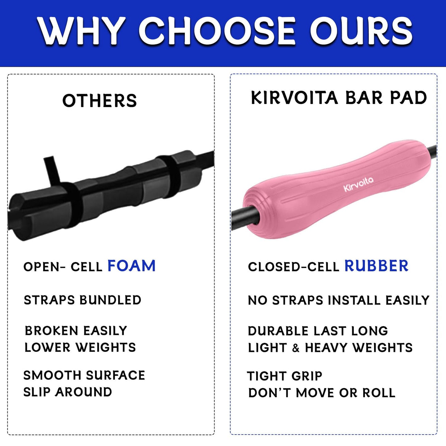 Kirvoita Rubber Barbell Pad, Squat Pad, Hip Thrust Pad, Easy to Install, No/Straps Needed, for Both Heavy Weights & Lower Weights (15.5 * 3.5 * 3.5 in, Pink)