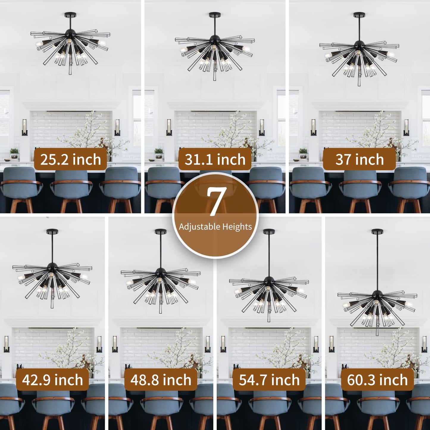 9MMML Black 10-Light Sputnik Chandelier, Farmhouse Pendant Light Fixture with 48'' Height Adjustable Hanging Pole, 34'' Large Chandelier for Living Room, Dining Room, Kitchen, Bedroom, E26 Base