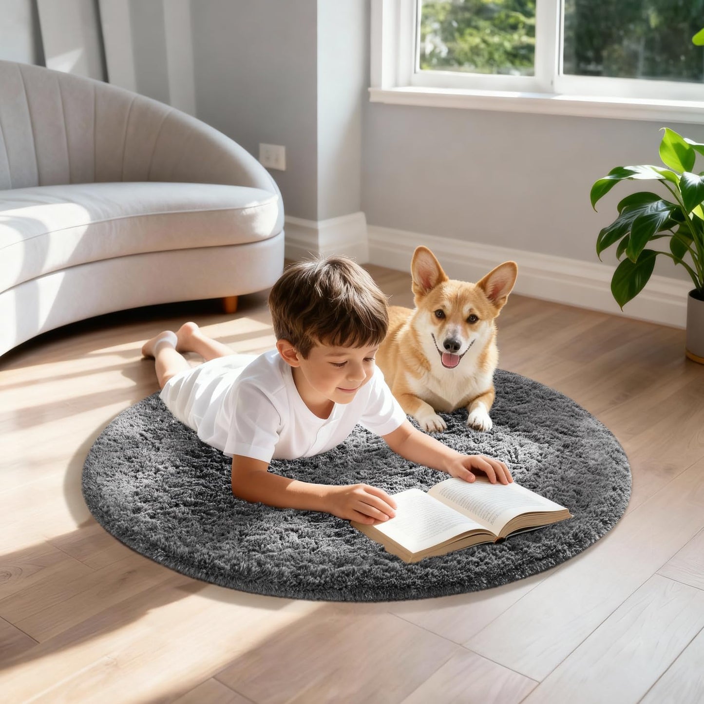 Ophanie Round Rug - 2Ft Grey Circle Area Rug | Fluffy Soft Shaggy Carpet for Kids' Rooms & Nursery