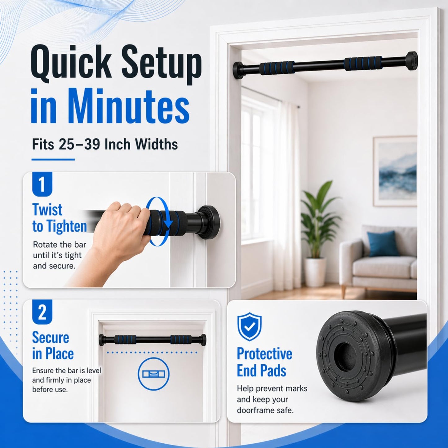 FumyFumy Pull Up Bar for Doorway, Adjustable Door Frame Pull Up Bar with 330 lbs Capacity, No Screw Chin Up Bar for Home Gym Strength Training, Fits 25"–39" Door Frames and Walls