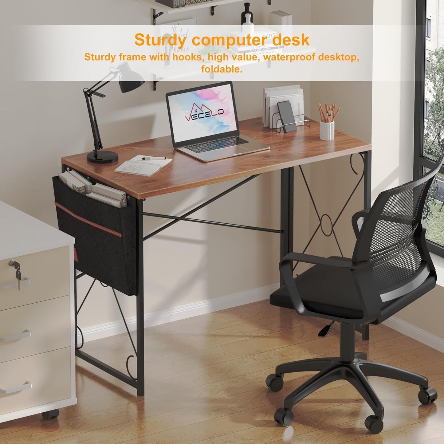 VECELO 39 Inch Folding Desk - Simple Assembly Writing Computer Desk for Home Office | Classic Brown