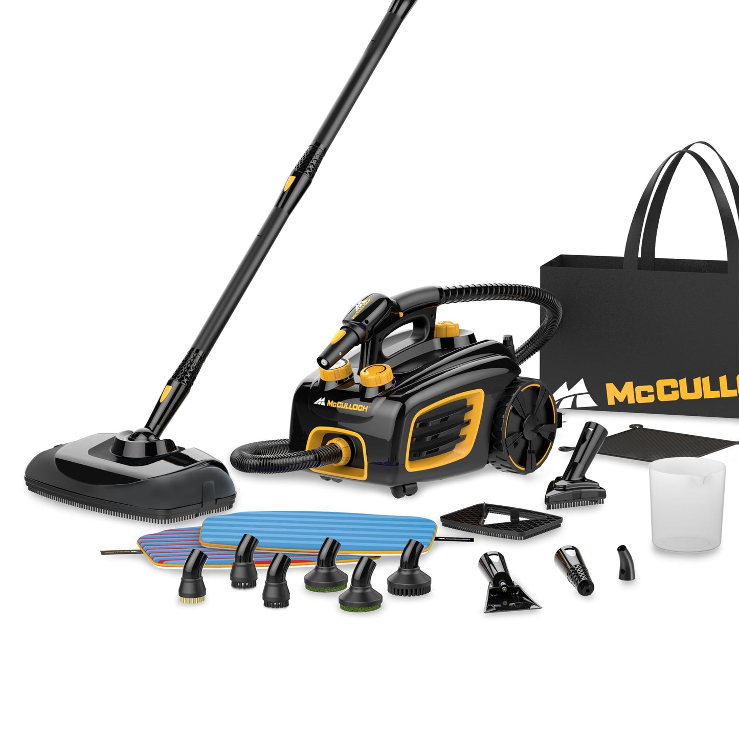 McCulloch Canister Steam Cleaner MC1375, 90 Minute Runtime, 20 Accessories, Jet Nozzle, Brushes, & More - Steam Cleaner for Home, Tile, Carpet, Furniture, & Personal Car Detailing