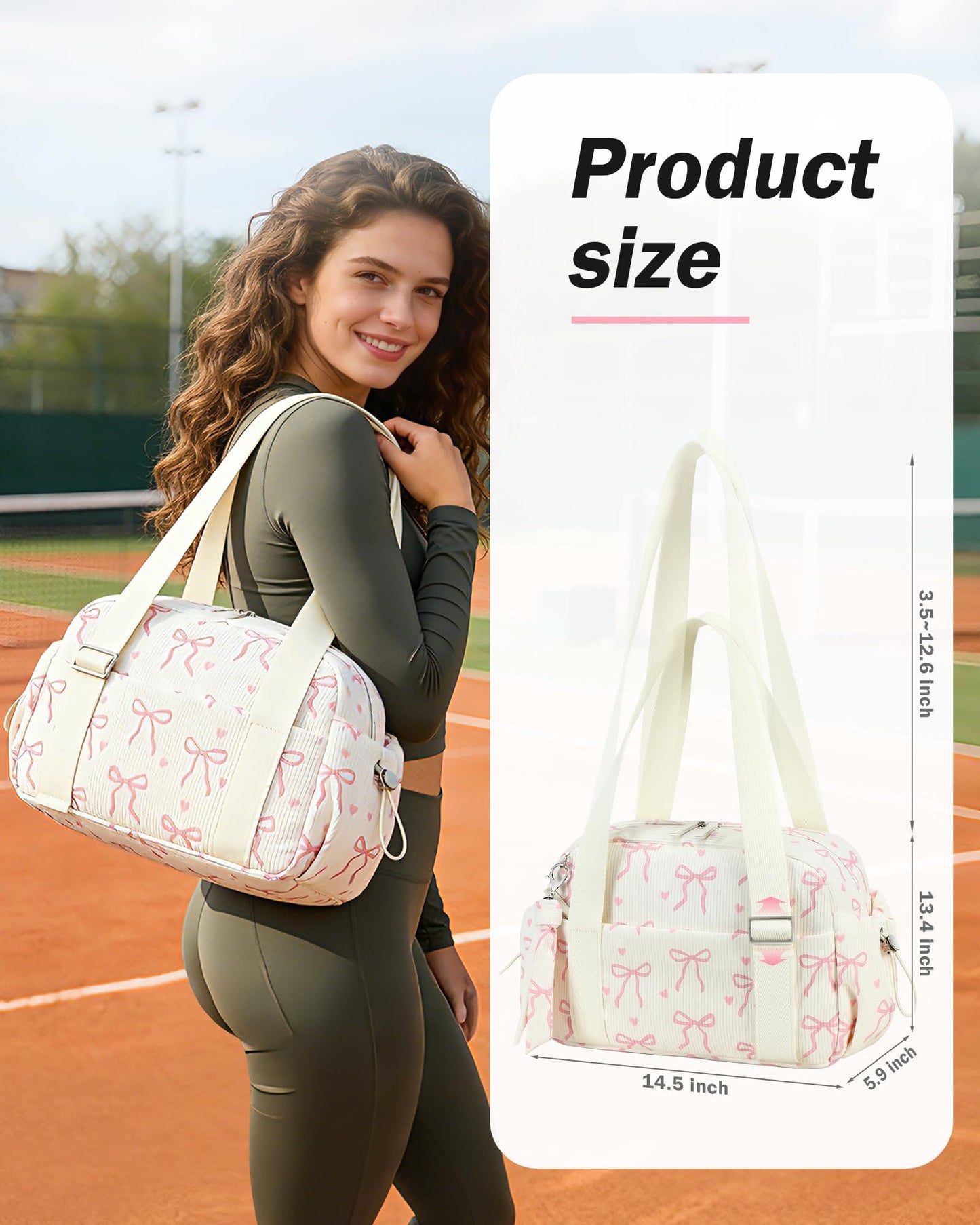 LOIDOU Mini Gym Bag for Women Girls, Small Corduroy Sports Duffel with Wet Pocket and Adjustable Strap, Cute Bow Workout Yoga Dance Tote, Travel Carrying Fits Shoes (Pink Bow-Beige)