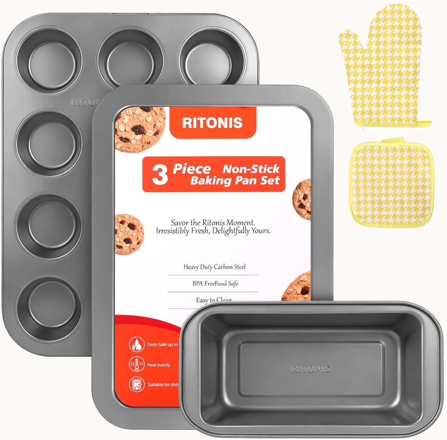 Skiennix 3-Piece Non-Stick Baking Pans Set - Stackable Bakeware with Baking Glove | Carbon Steel, Black