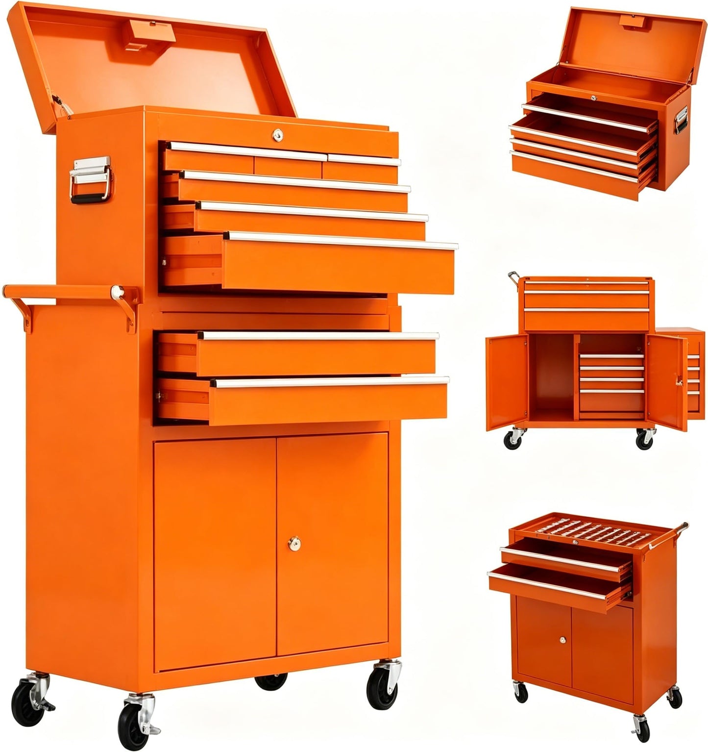 MilleLoom 8 Drawer Tool Chest with Wheels, 2 in 1 Detachable Rolling Tool Box Cabinet, Locking Metal Tool Storage Organizer with Portable Top Chest for Garage Workshop, Orange
