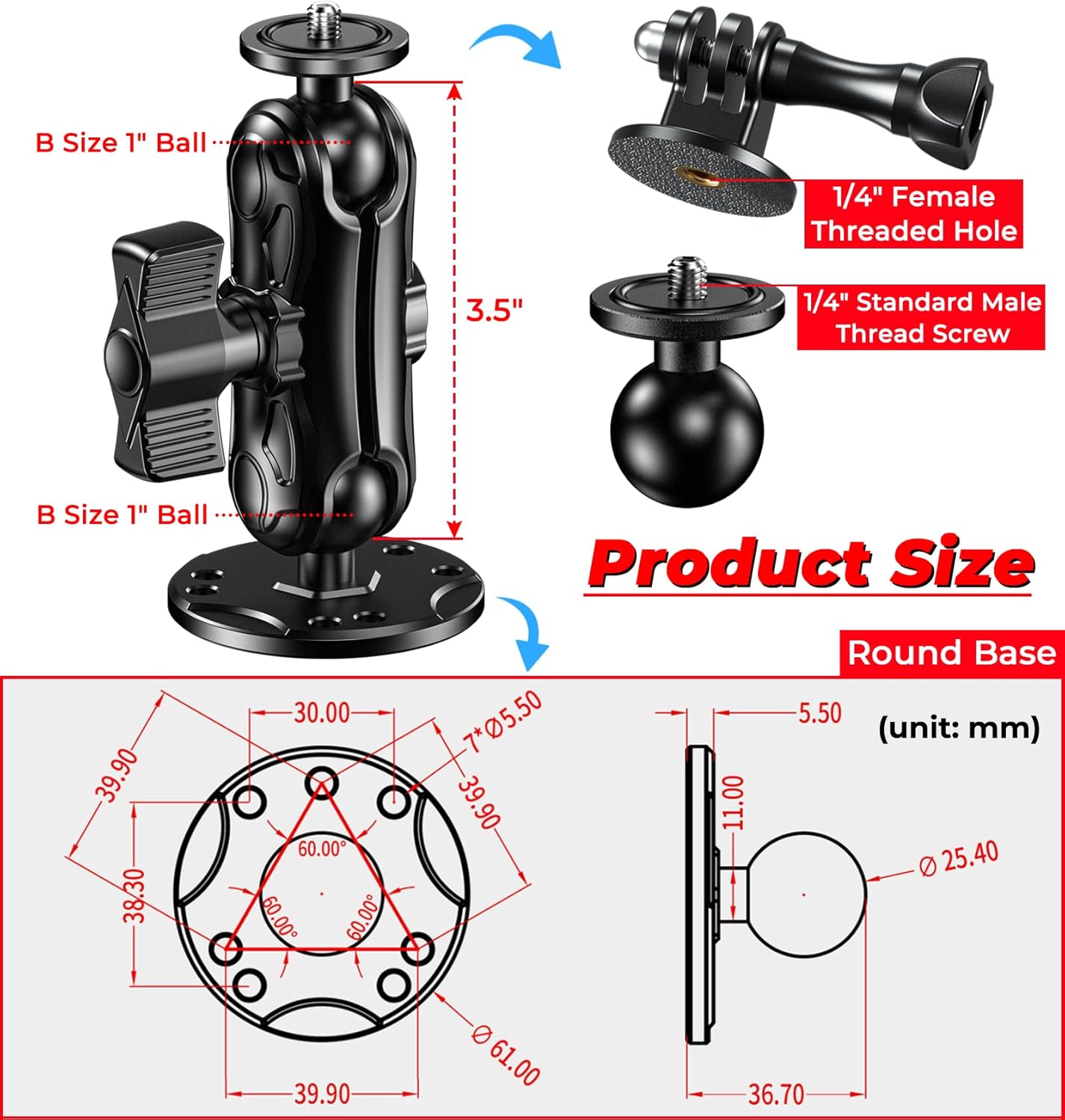 VAZESWIN 1/4" Insta360 360 1" Aluminum Alloy Camera Mount - with Thread Tripod Adapter for Gopro DJI Action Cameras