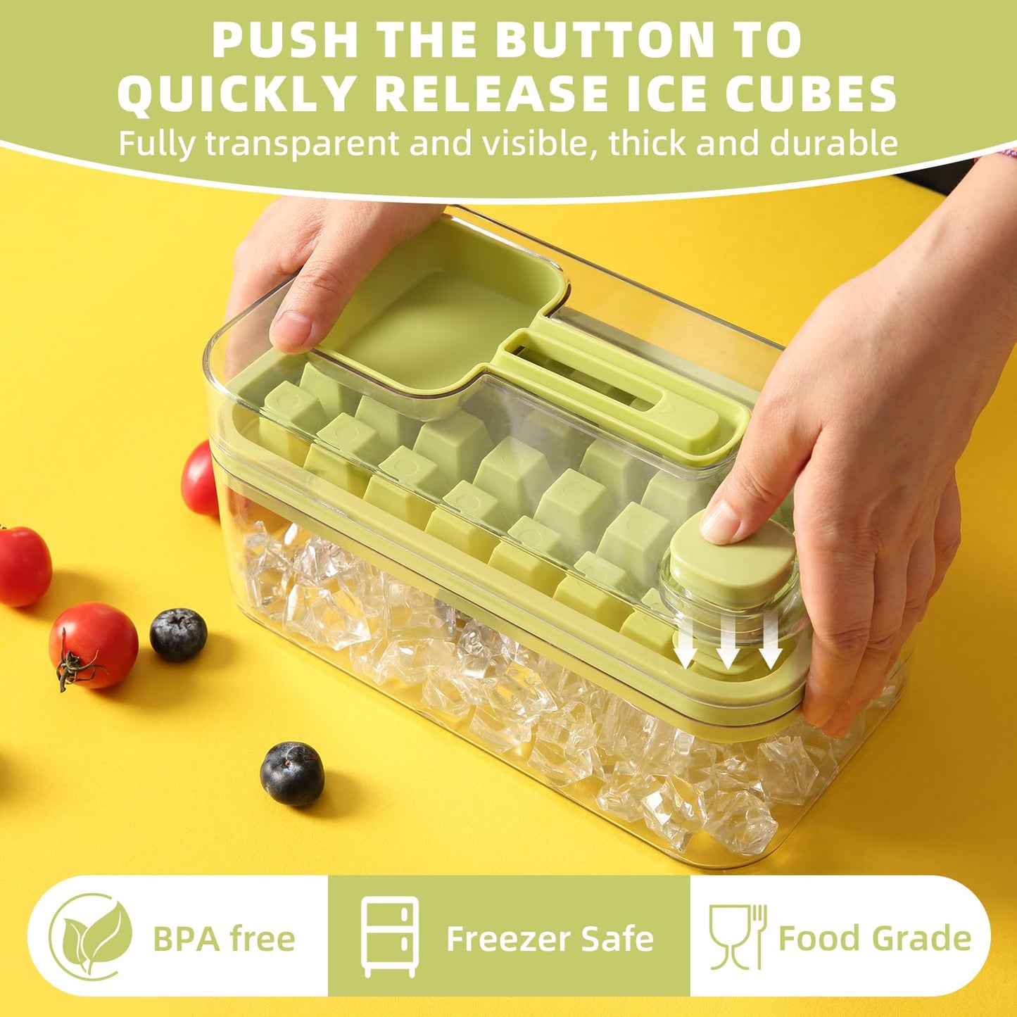 EuChoiz Ice Cube Tray with Lid Press Easy Release, Scoop and Bin Ice Trays for Freezer, Making 64 pcs Ice Cubes for Chilling Cocktail Whiskey Coffee Include 2 Trays and Storage Container, BPA Free