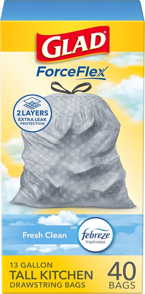 Glad ForceFlex Tall Kitchen Trash Bags - 13 Gallon, Gain Fresh Clean Scent, 40 Count