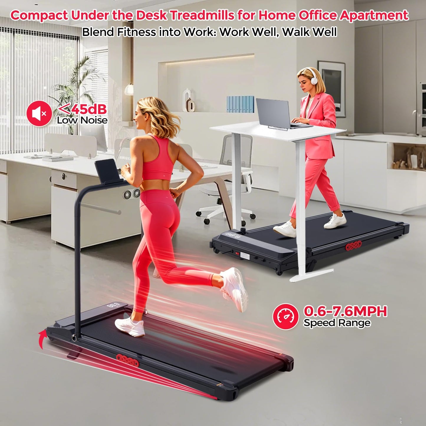 Walking Pad Treadmill with Incline, 3.0HP Portable Mini Walking Pad Treadmill with Handle Bar, 0.6-7.6MPH Small Under Desk Treadmill for Home Small Spaces, 350LBS Electric Treadmills with Handles