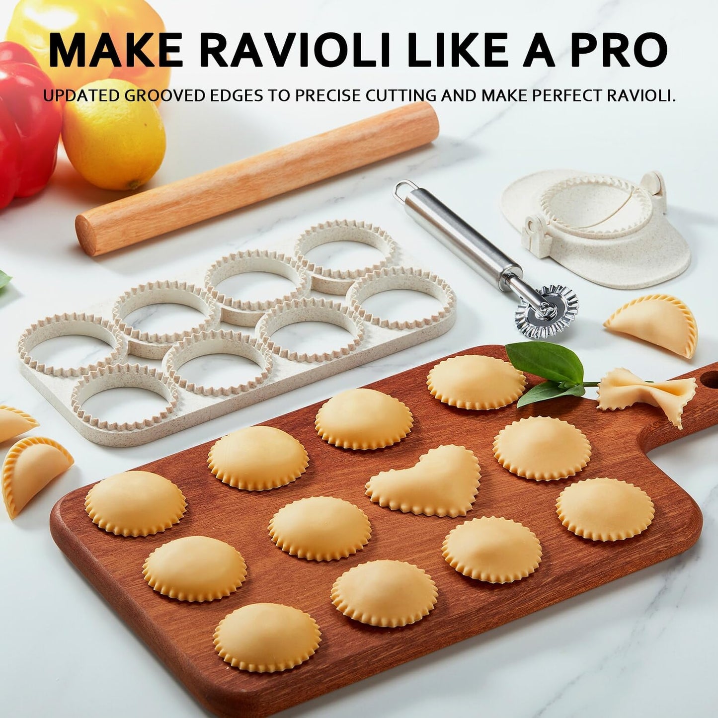 MUMSUNG Ravioli Maker Press, Ravioli Press Mold Set - Round Ravioli Stamp Maker Cutter with Wood Rolling Pin, 2.6" Empanada Maker Press Kit and Ravioli Wheel, Makes 8 Ravioli