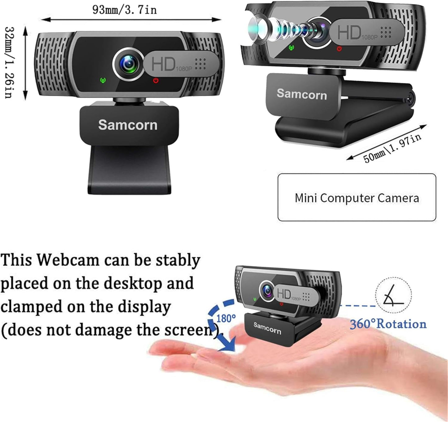 Samcorn Desktop,1080P 3D Webcam with Microphone for HD USB Webcam Live Streaming Laptop PC Computer Web Camera
