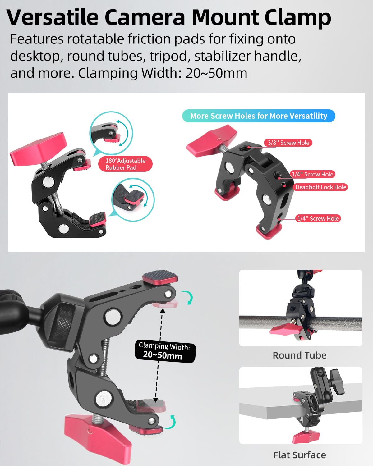 JEBUTU 22" Magic Arm w Clamp Mount, Overhead Desk Phone Mount Stand, Adjustable Articulating Friction Camera Boom Arm w 1/4" Thread for Phone Video Light Webcam Action Camera Tripod Mic