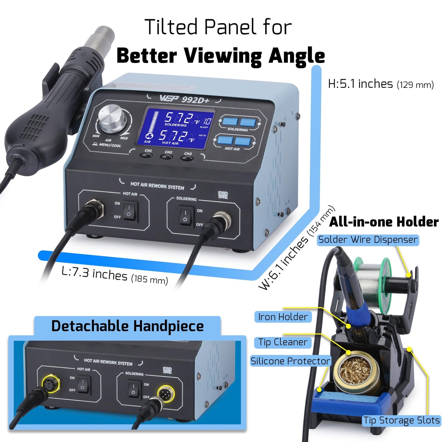 WEP 992D+ 2-in-1 Soldering Iron Kit and Hot Air Rework Station with 3 Preset Channels, LCD Display, Interchangeable Handles, Sleep Mode, X-2 Iron Holder, 5 Iron Tips, Desoldering Pump and Tweezers