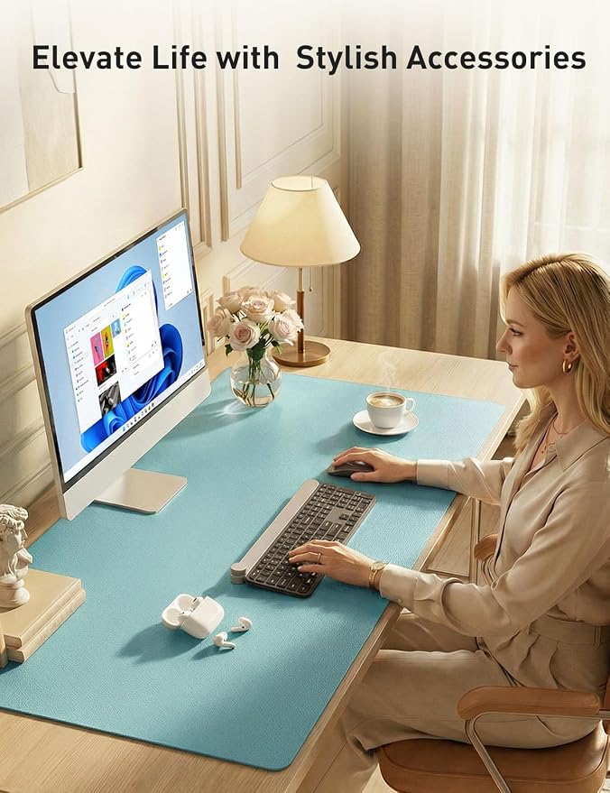 Aothia Faux Leather Desk Mat - Non-Slip PU Leather Desk Blotter, Waterproof Writing Surface, Large Desk Pad for Office & Home (Blue Topaz, 55" x 24")